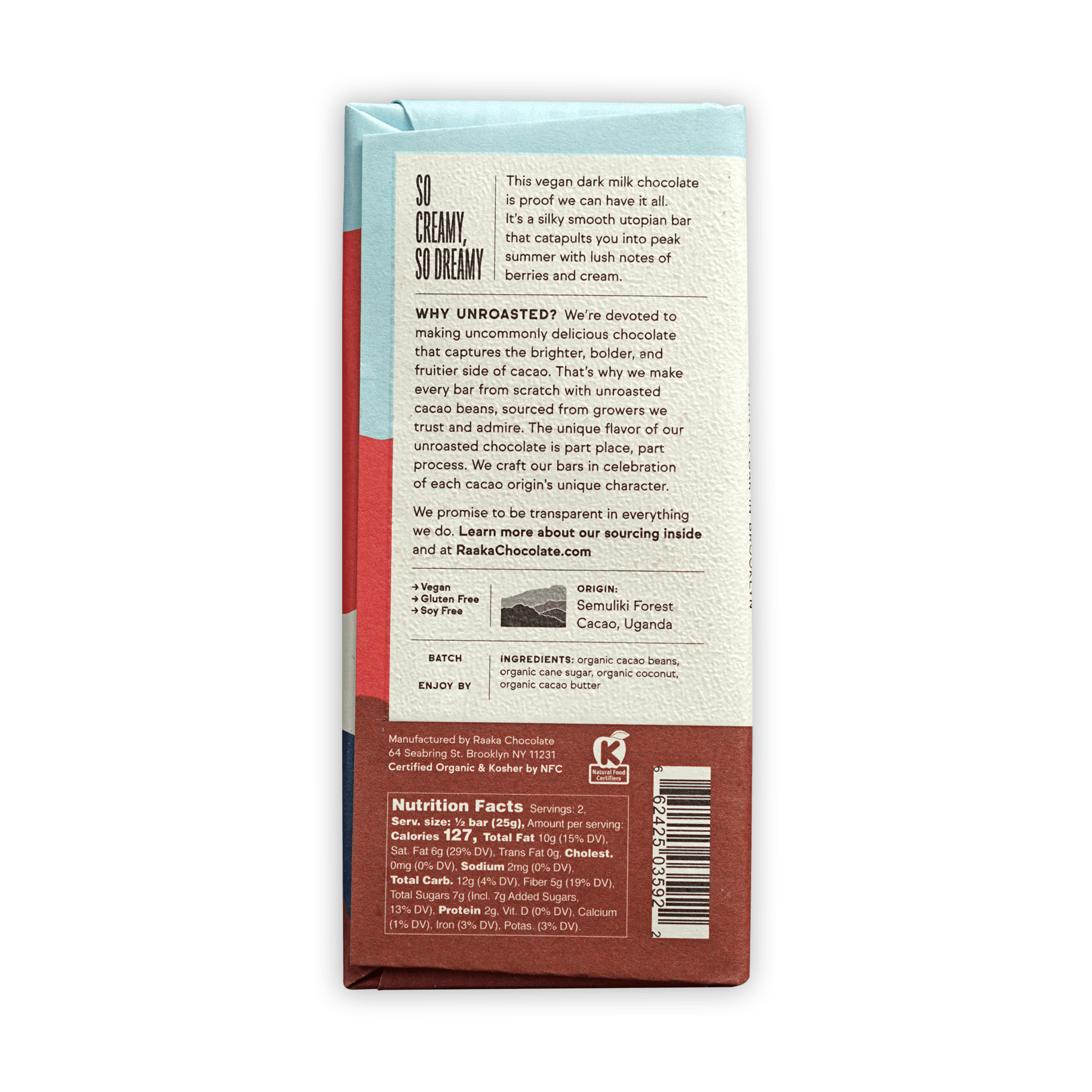 Raaka Coconut Milk Chocolate 60% bar in blue red wrapper
