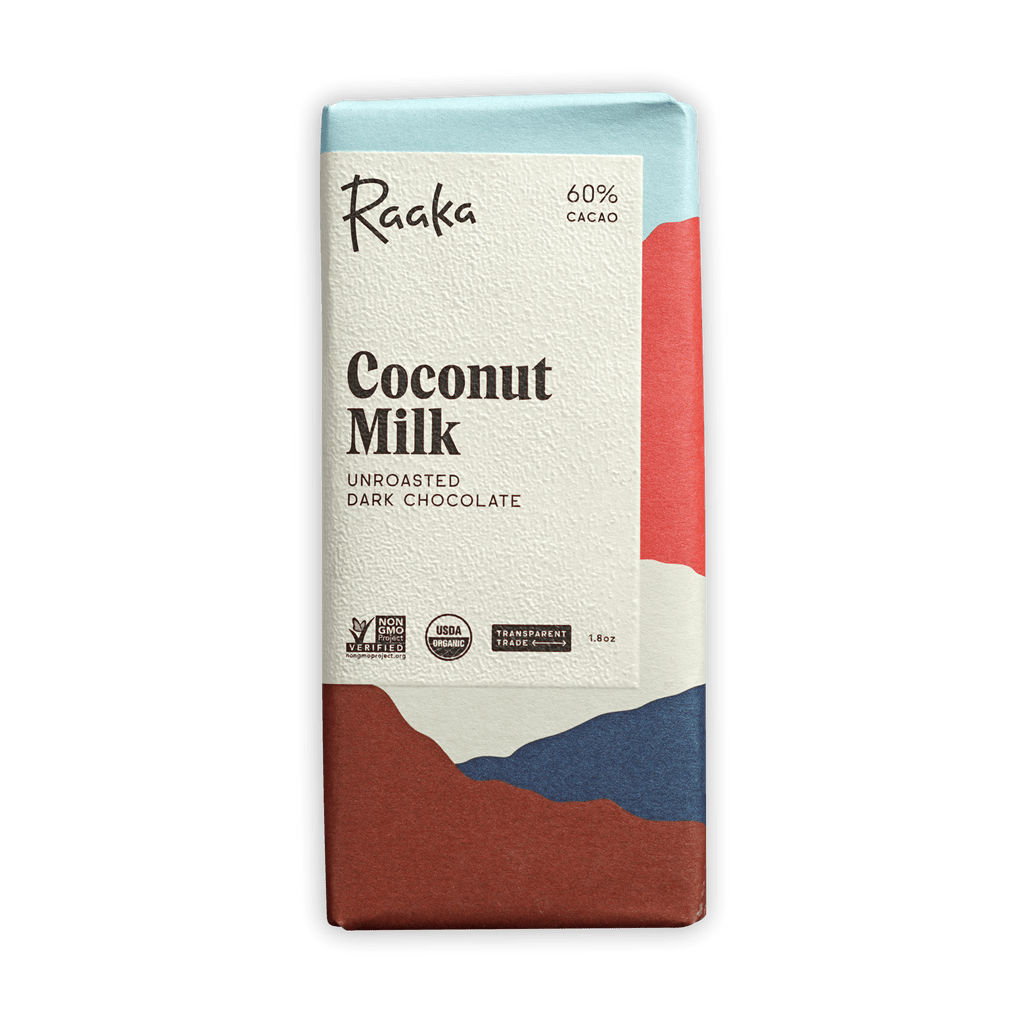 Raaka Coconut Milk 60% unroasted dark chocolate bar package