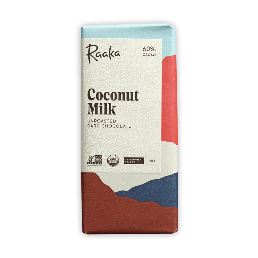 Raaka Coconut Milk 60% unroasted dark chocolate bar package