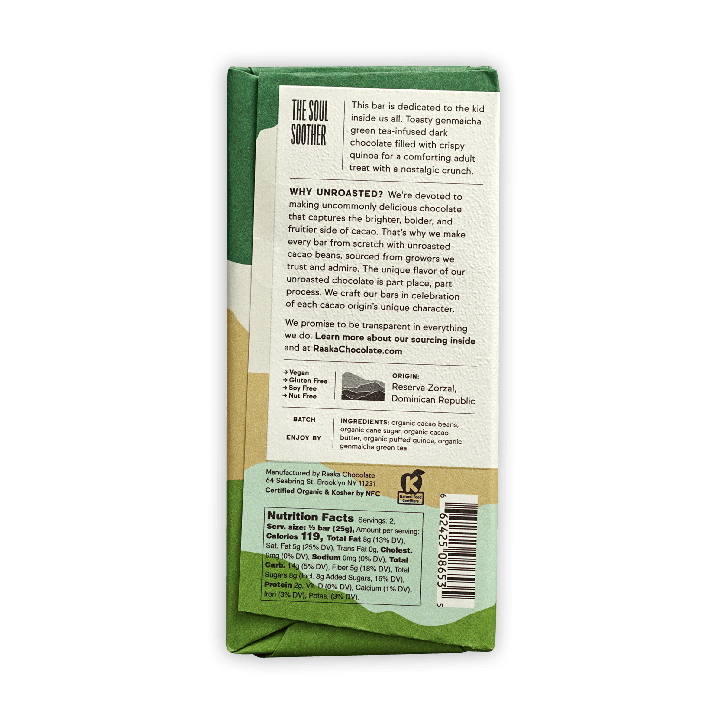 Raaka Green Tea Crunch 66% organic unroasted chocolate bar