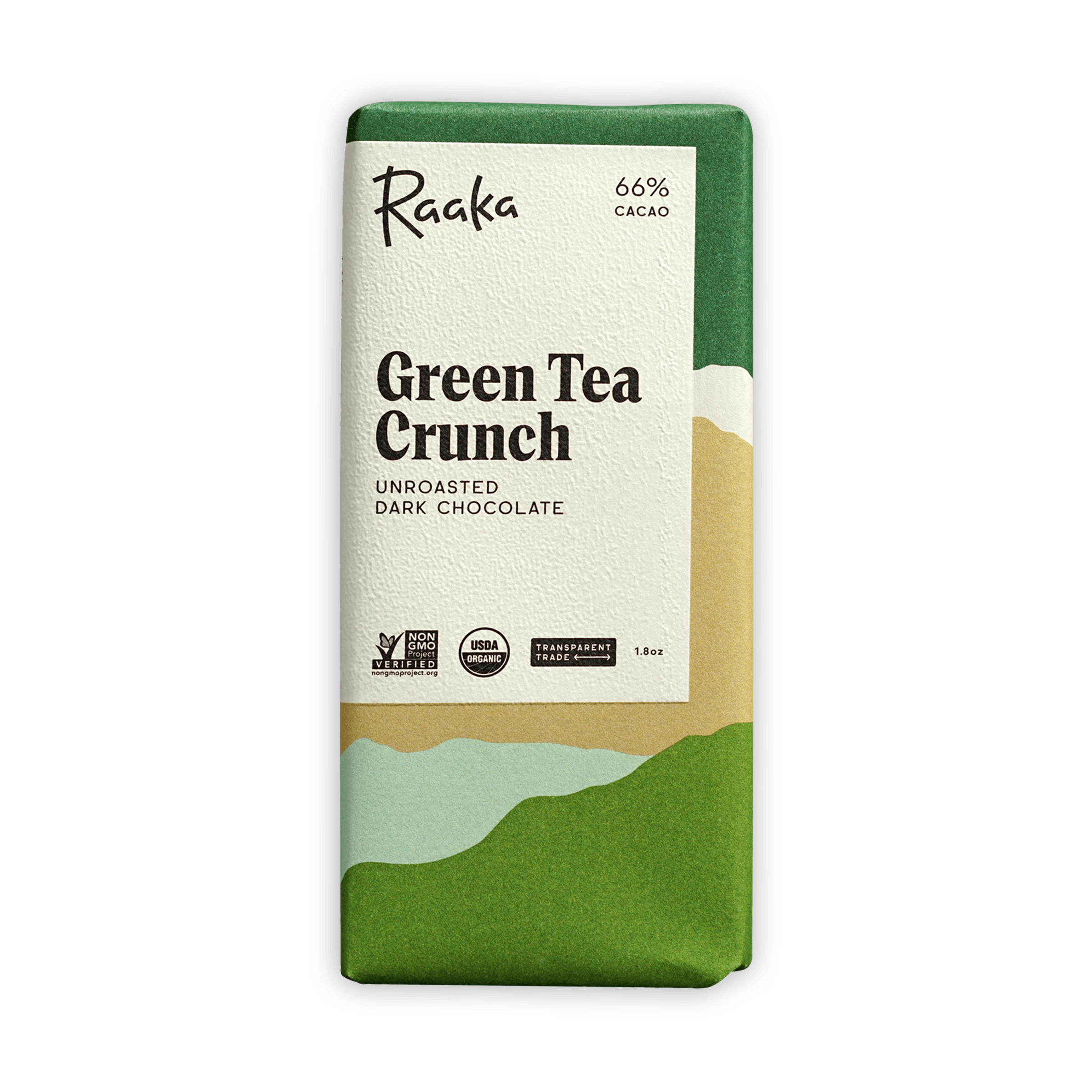 Raaka Green Tea Crunch 66% cacao unroasted dark chocolate bar