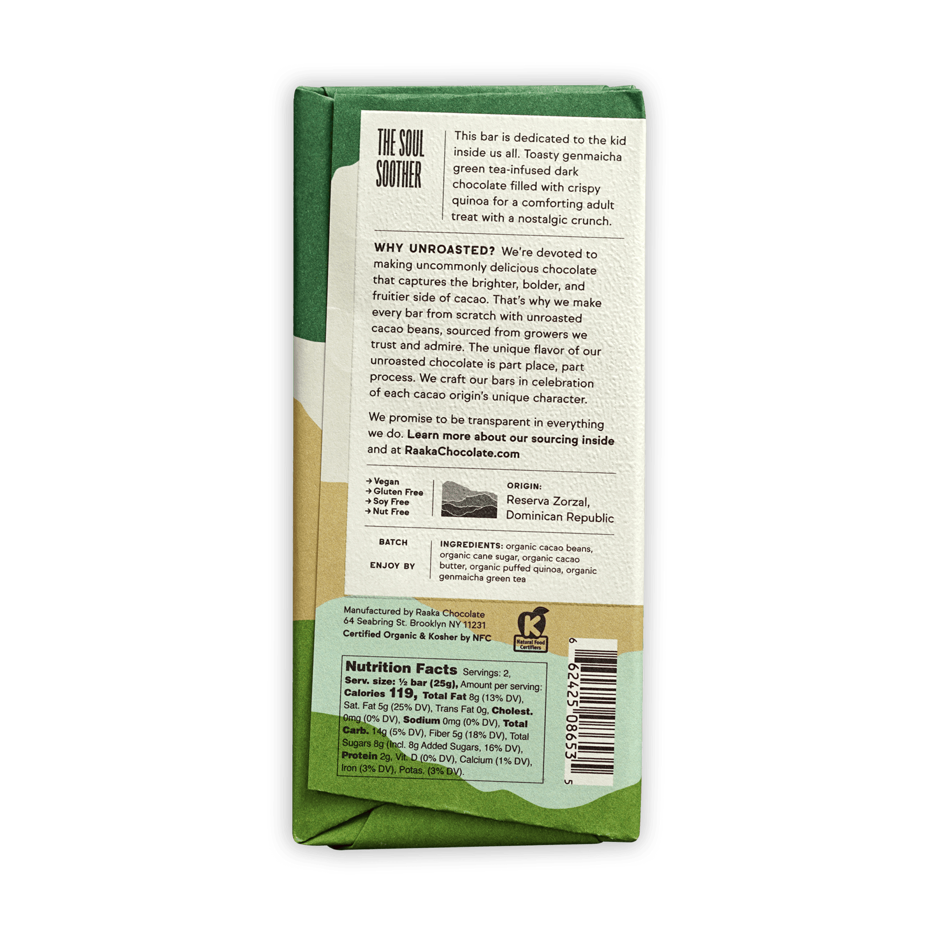Raaka Green Tea Crunch 66% organic unroasted chocolate bar