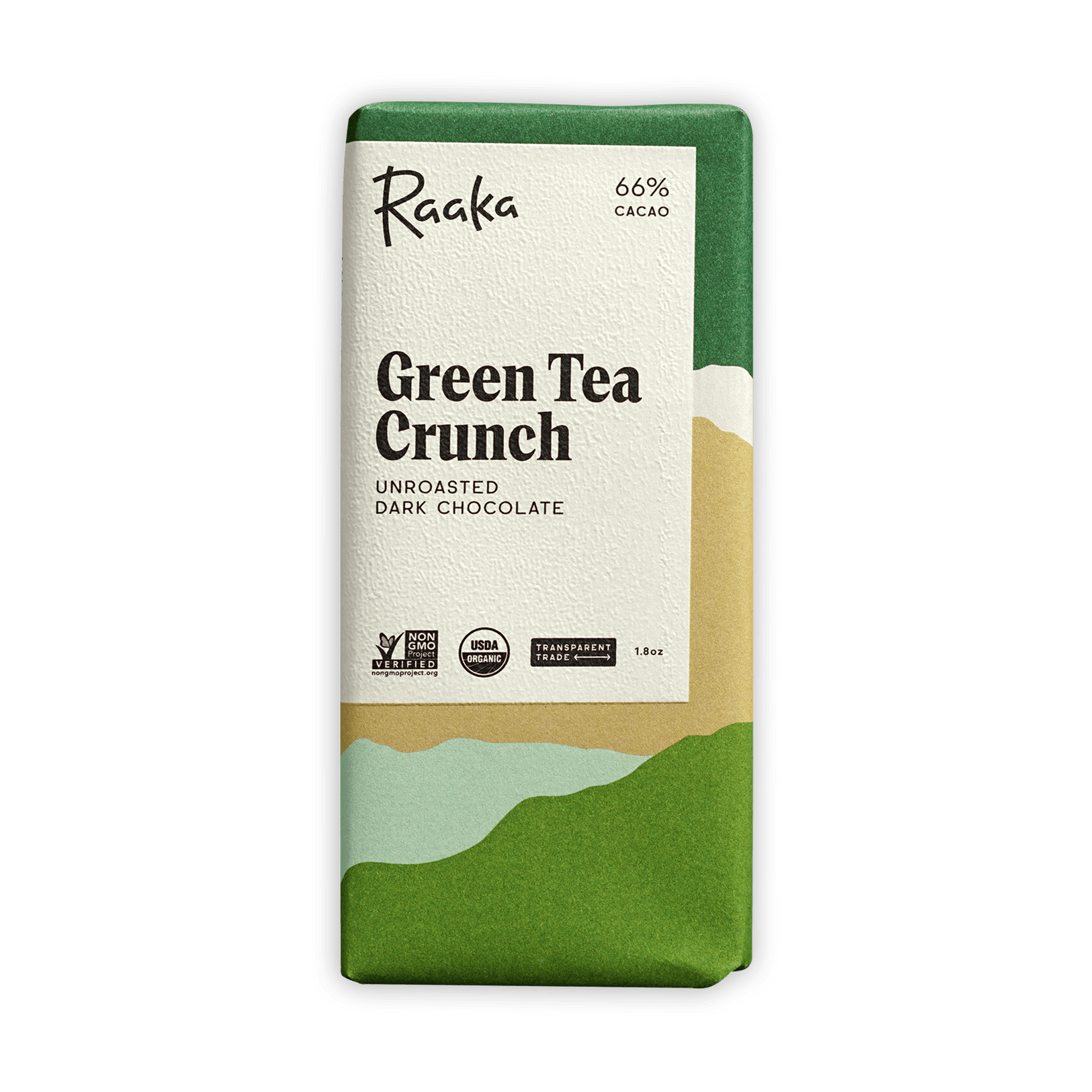Raaka Green Tea Crunch 66% cacao unroasted dark chocolate bar