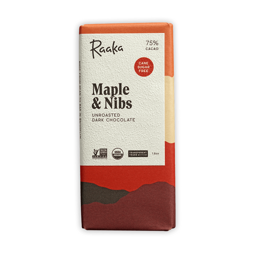 Raaka Maple & Nibs 75% cacao dark chocolate bar in orange wrapper
