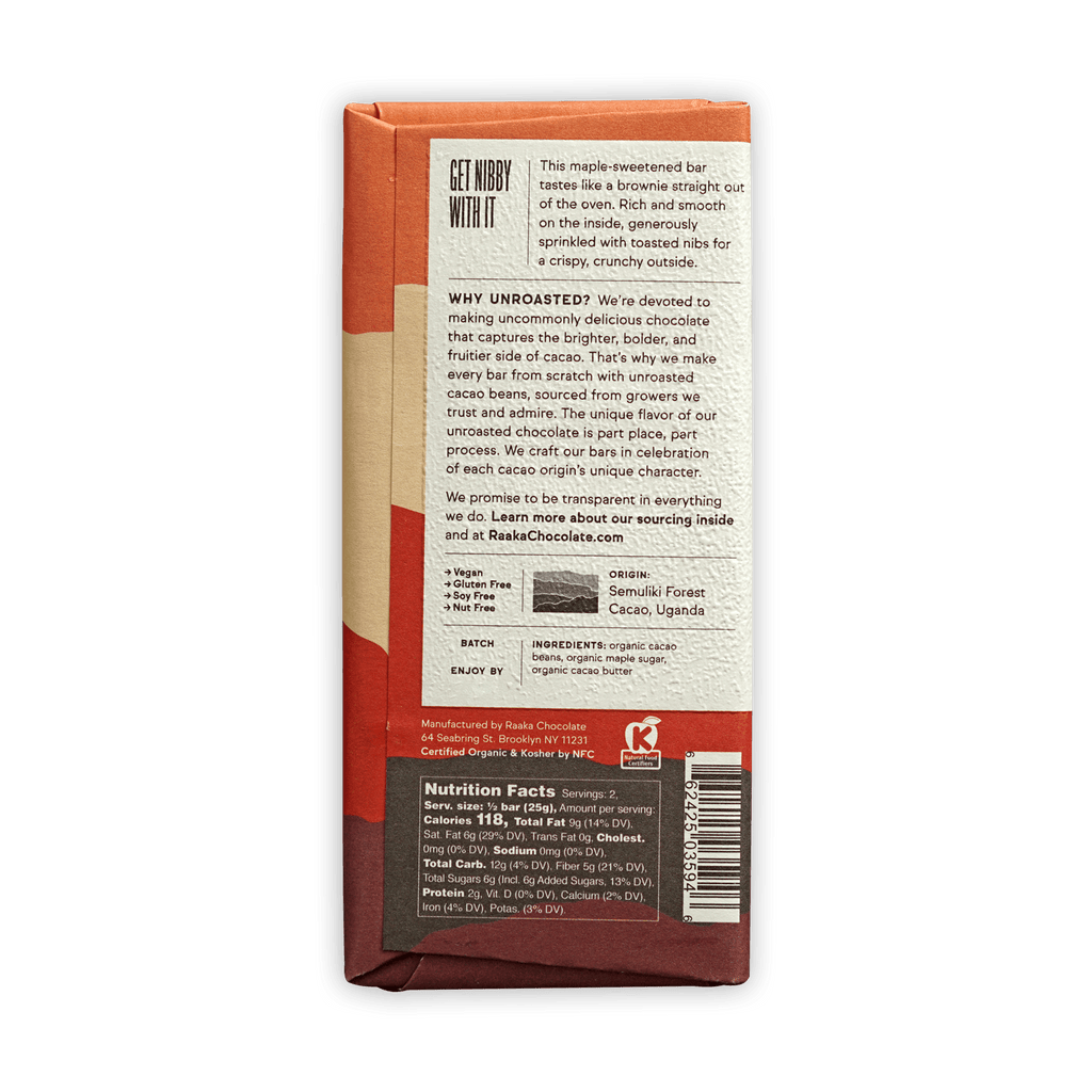 Raaka Maple & Nibs 75% back wrapper: organic maple flavor from Uganda Semuliki Forest