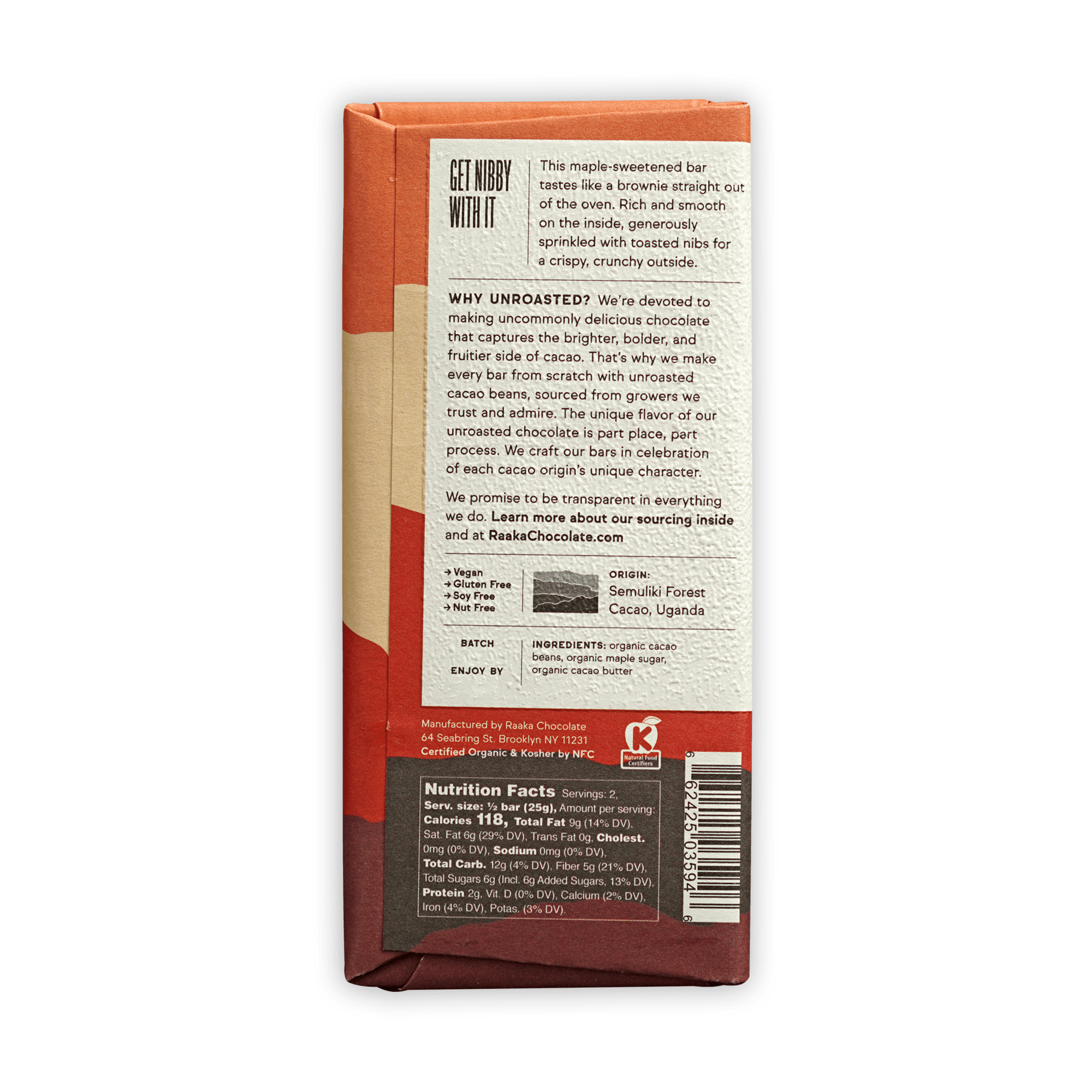 Raaka Maple & Nibs 75% back wrapper: organic maple flavor from Uganda Semuliki Forest