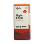 Raaka Maple & Nibs 75% cacao dark chocolate bar in orange wrapper