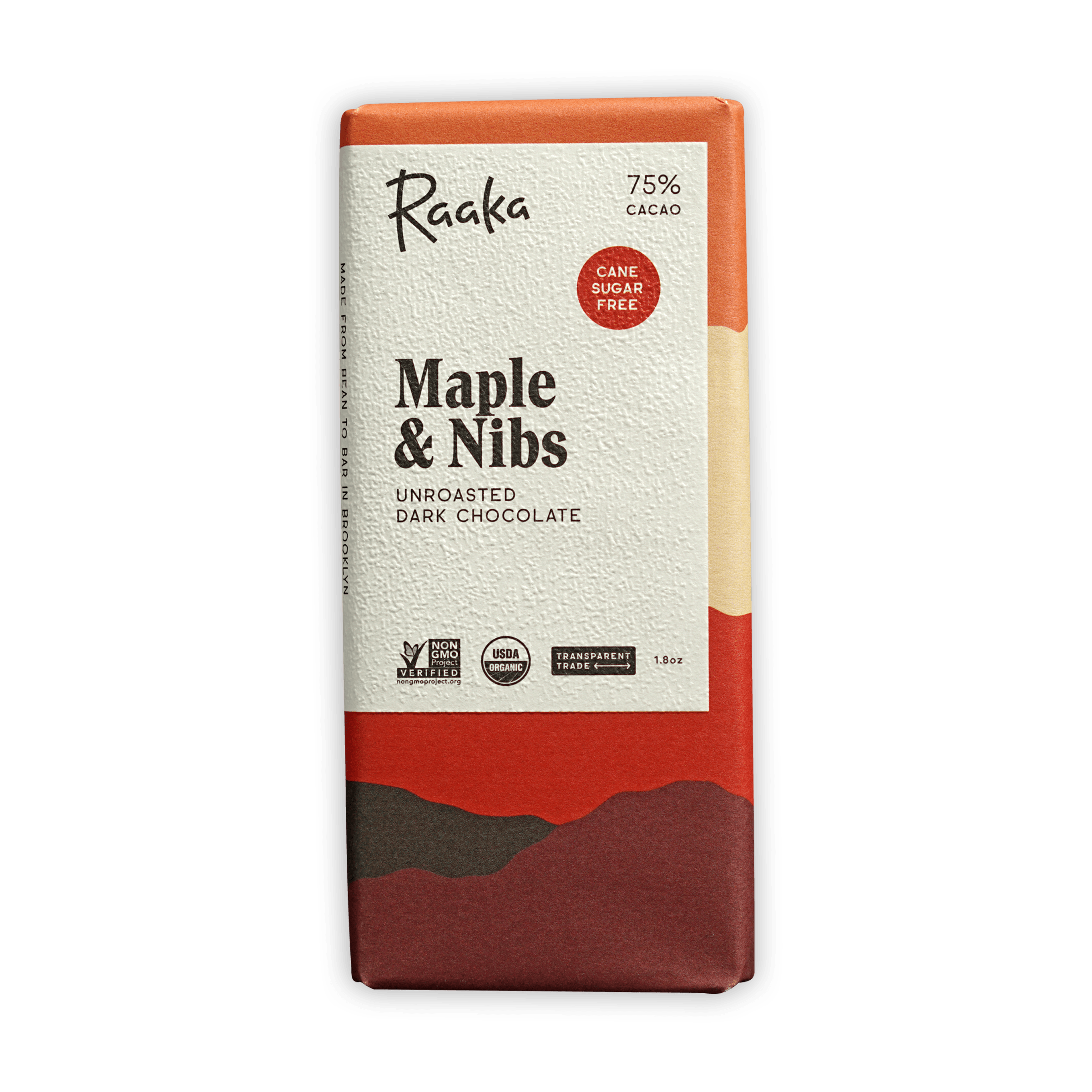 Raaka Maple & Nibs 75% cacao dark chocolate bar in orange wrapper