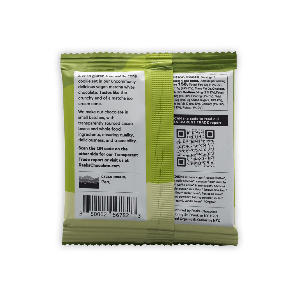 Raaka Matcha Waffle Cone 40% vegan matcha white chocolate cookie pouch