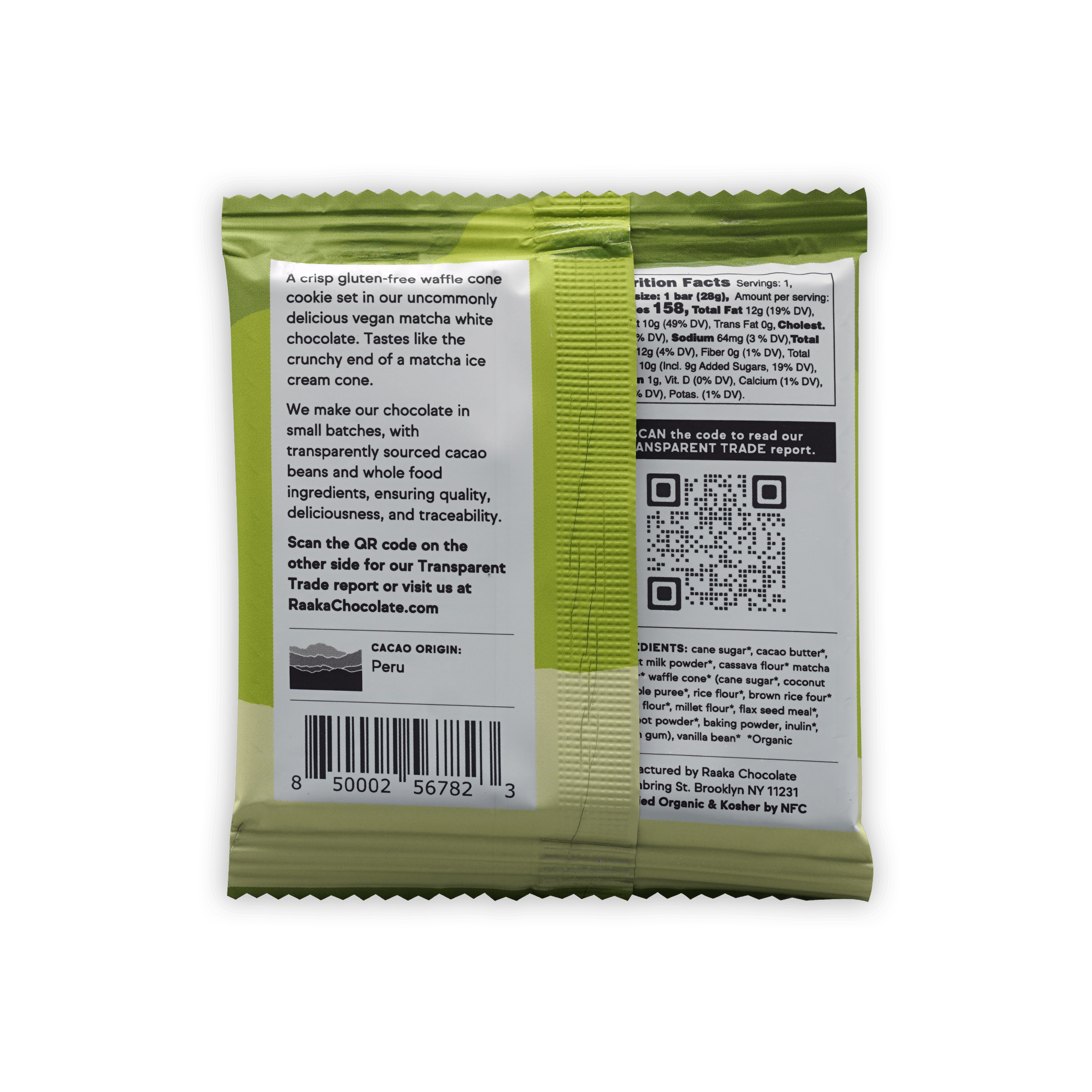Raaka Matcha Waffle Cone 40% vegan matcha white chocolate cookie pouch