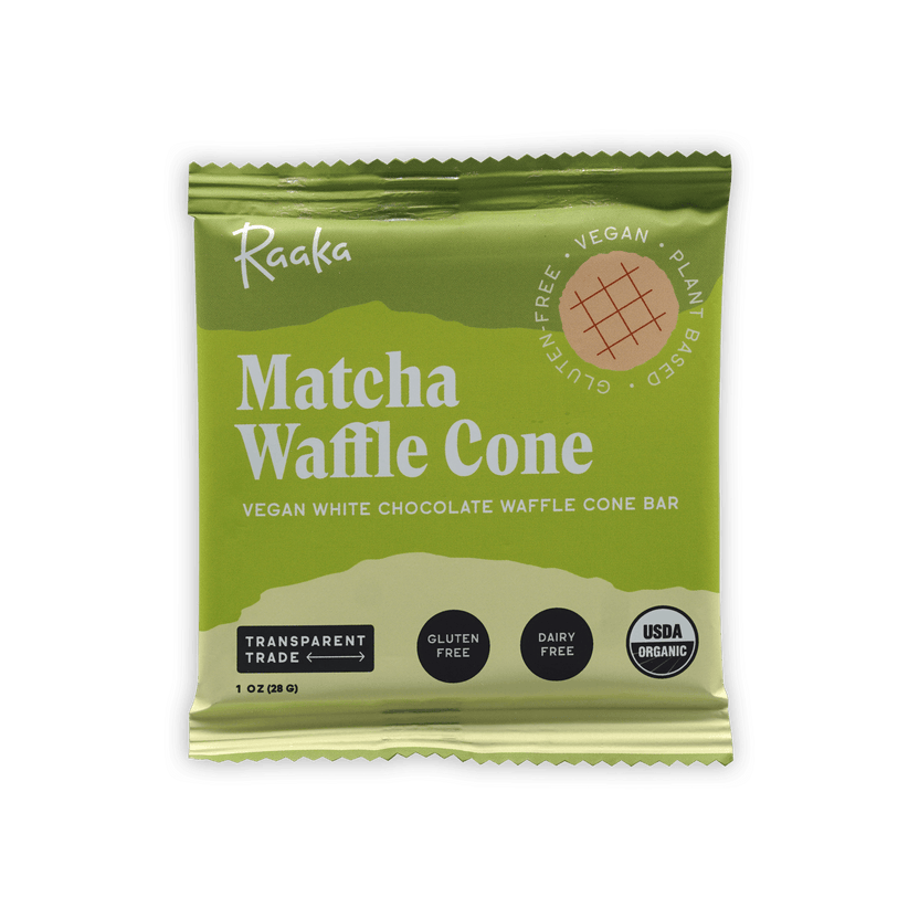 Raaka Matcha Waffle Cone 40% vegan green foil bar, gluten-free dairy-free