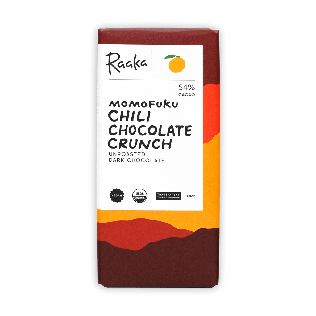 Raaka Momofuku Chili Chocolate 54% bar with vibrant orange-red packaging