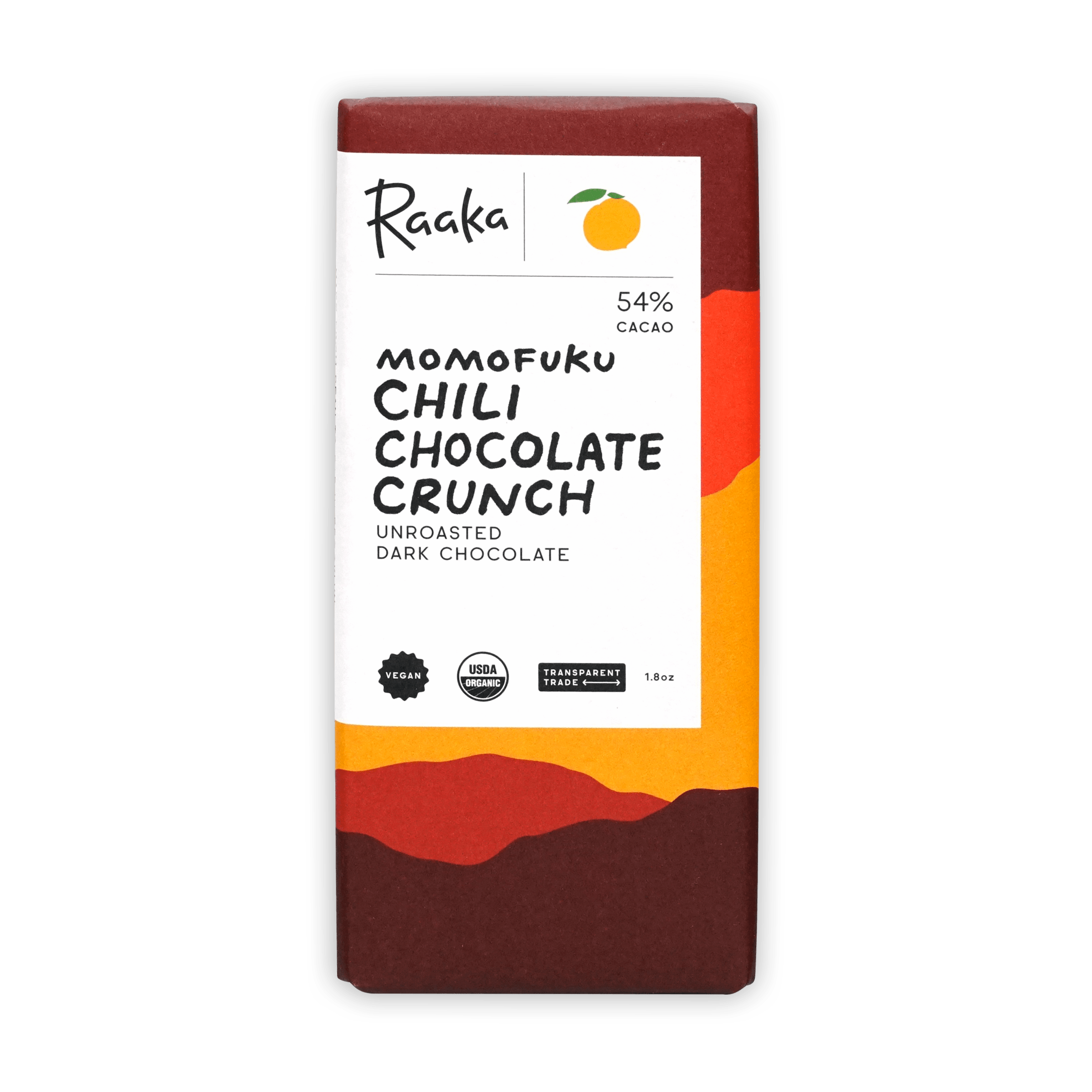 Raaka Momofuku Chili Chocolate 54% bar with vibrant orange-red packaging