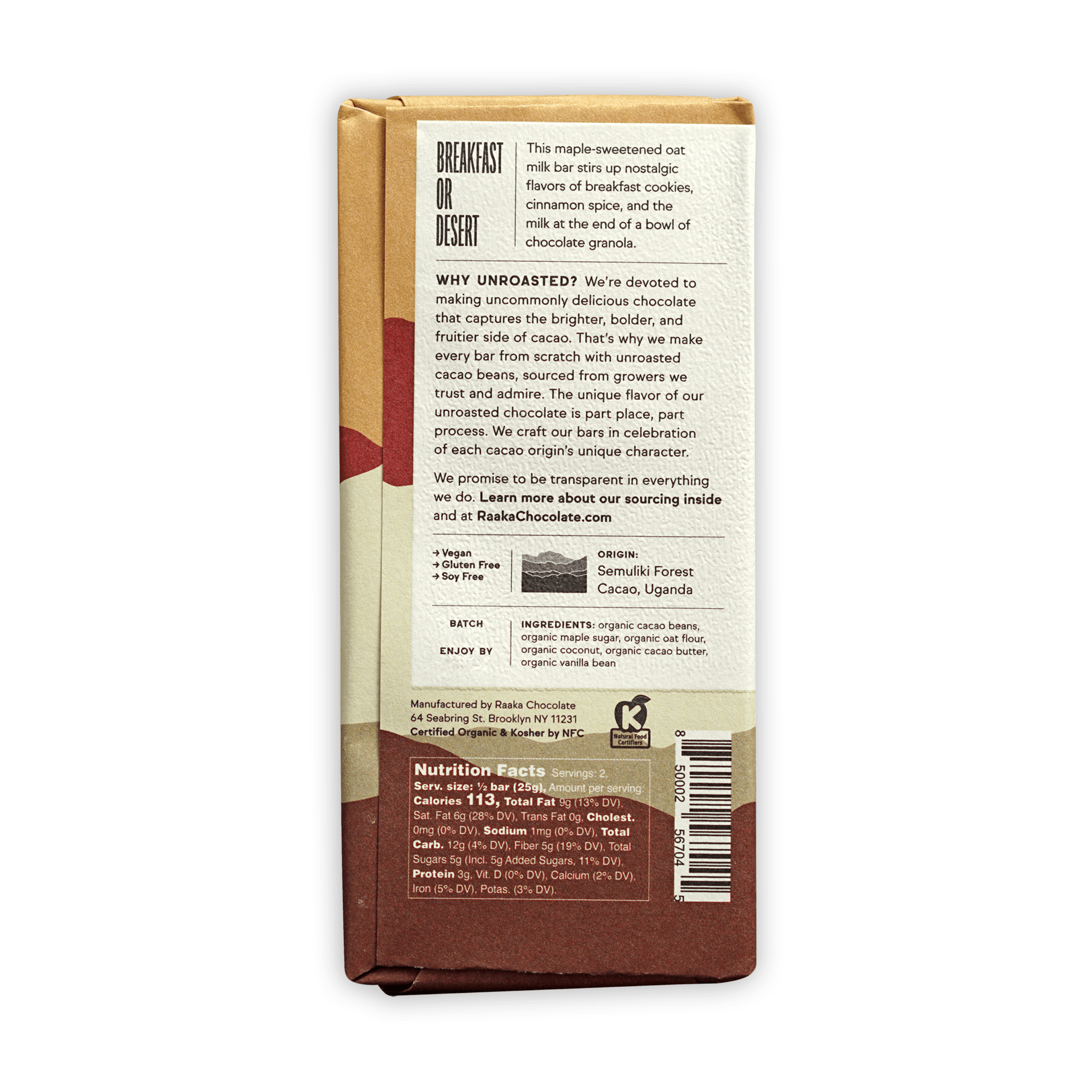 Raaka Oat Milk 58% chocolate bar wrapper in brown and cream matte finish