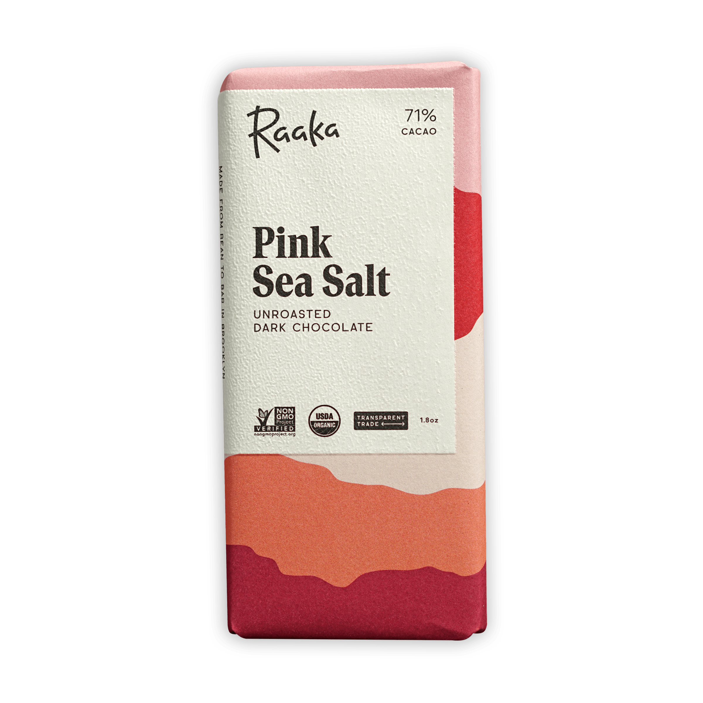Raaka Pink Sea Salt 71% dark chocolate bar in pink orange wrapper