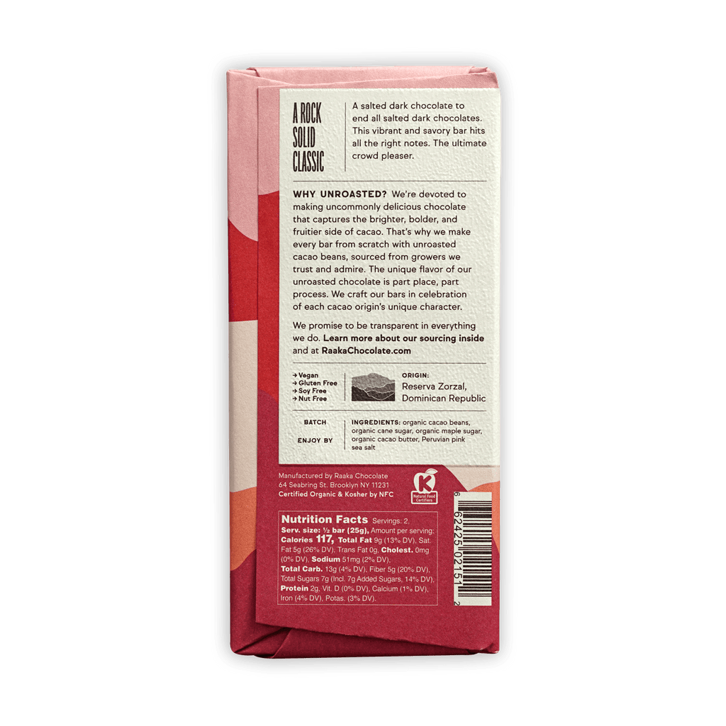 Raaka Pink Sea Salt 71% salted dark chocolate bar in pink red wrapper