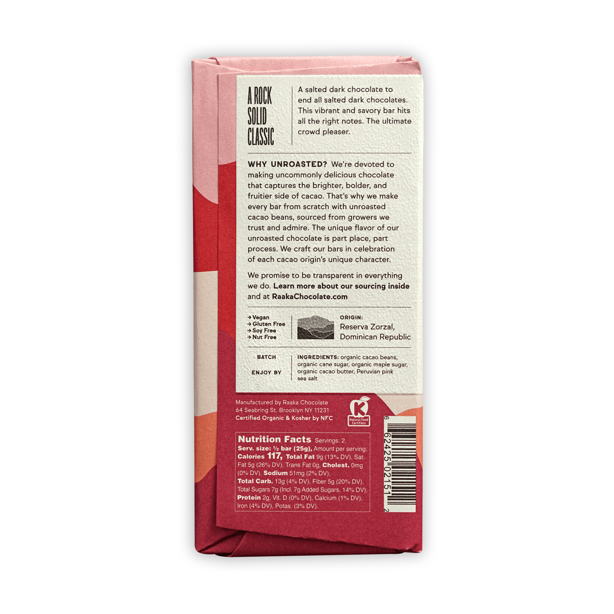 Raaka Pink Sea Salt 71% salted dark chocolate bar in pink red wrapper