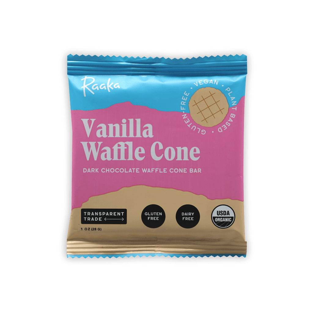 Raaka Vanilla Waffle Cone 61% bar in pink blue foil wrapper