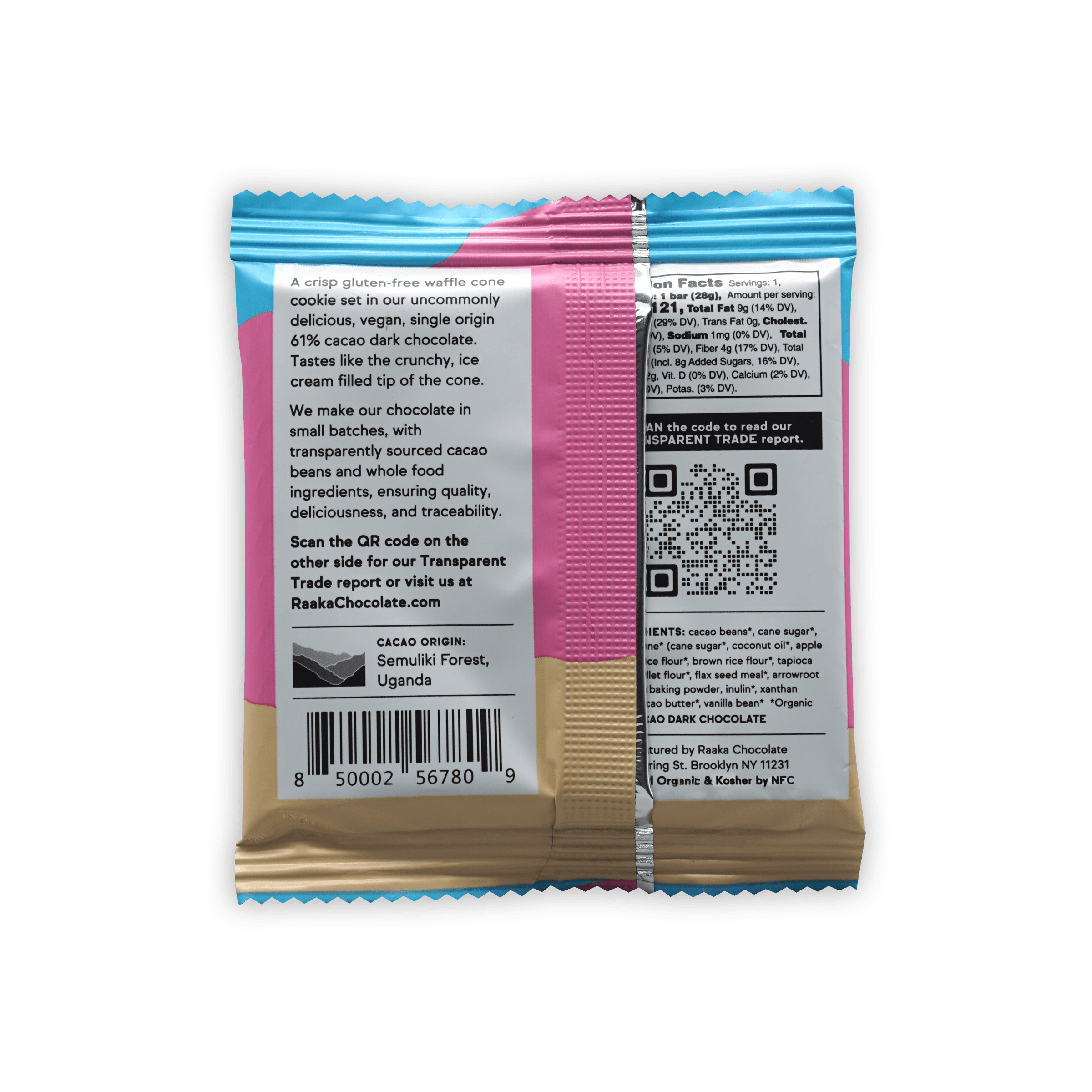Raaka Vanilla Waffle Cone 61% pink blue foil-wrapped organic dark chocolate bar made in Brooklyn