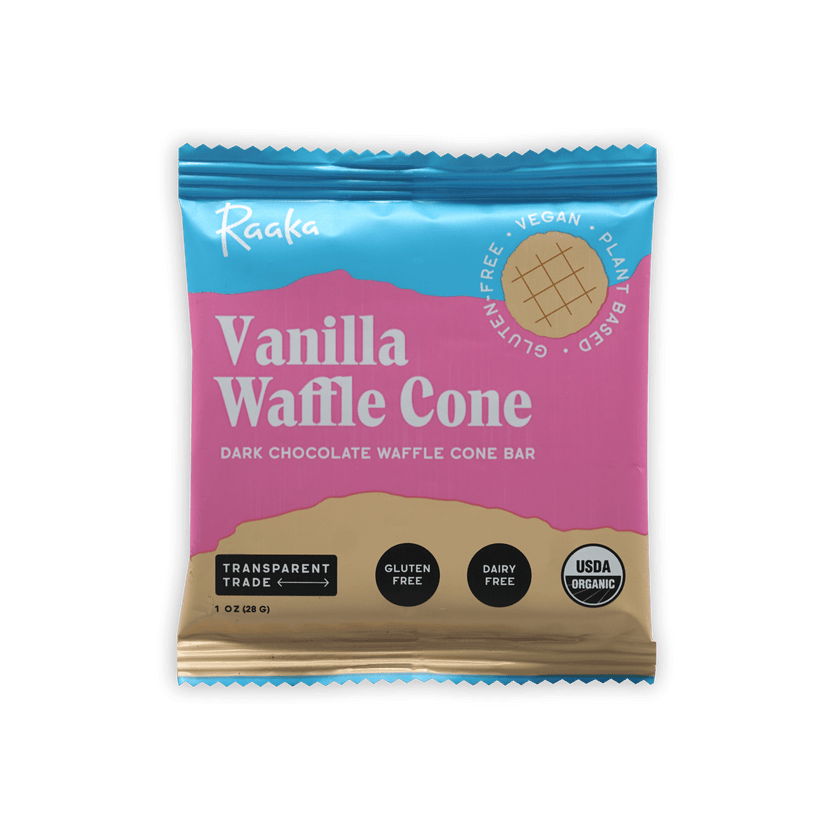 Raaka Vanilla Waffle Cone 61% bar in pink blue foil wrapper