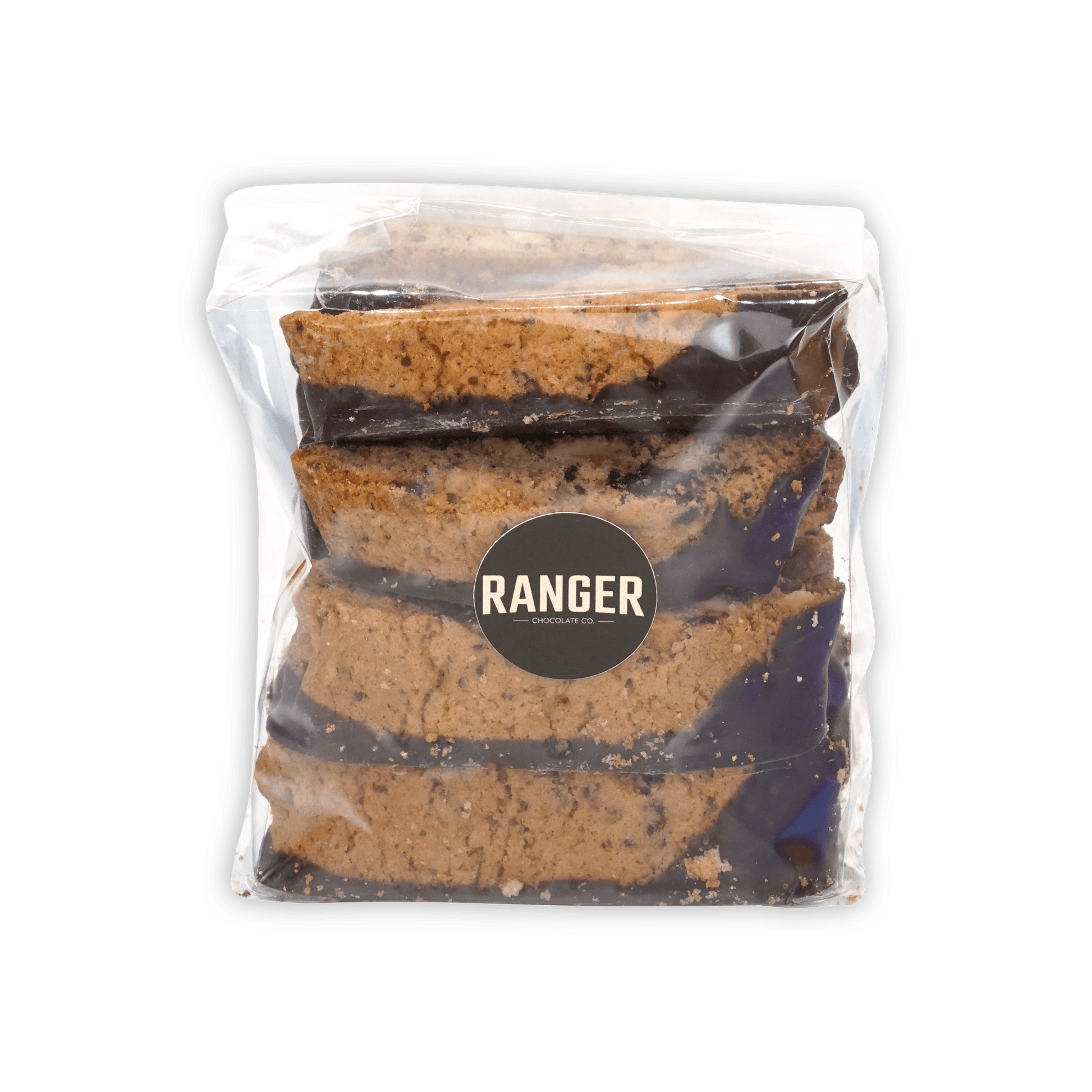 Ranger Chocolate Hazelnut Biscotti: 4 chocolate-covered slices in clear bag