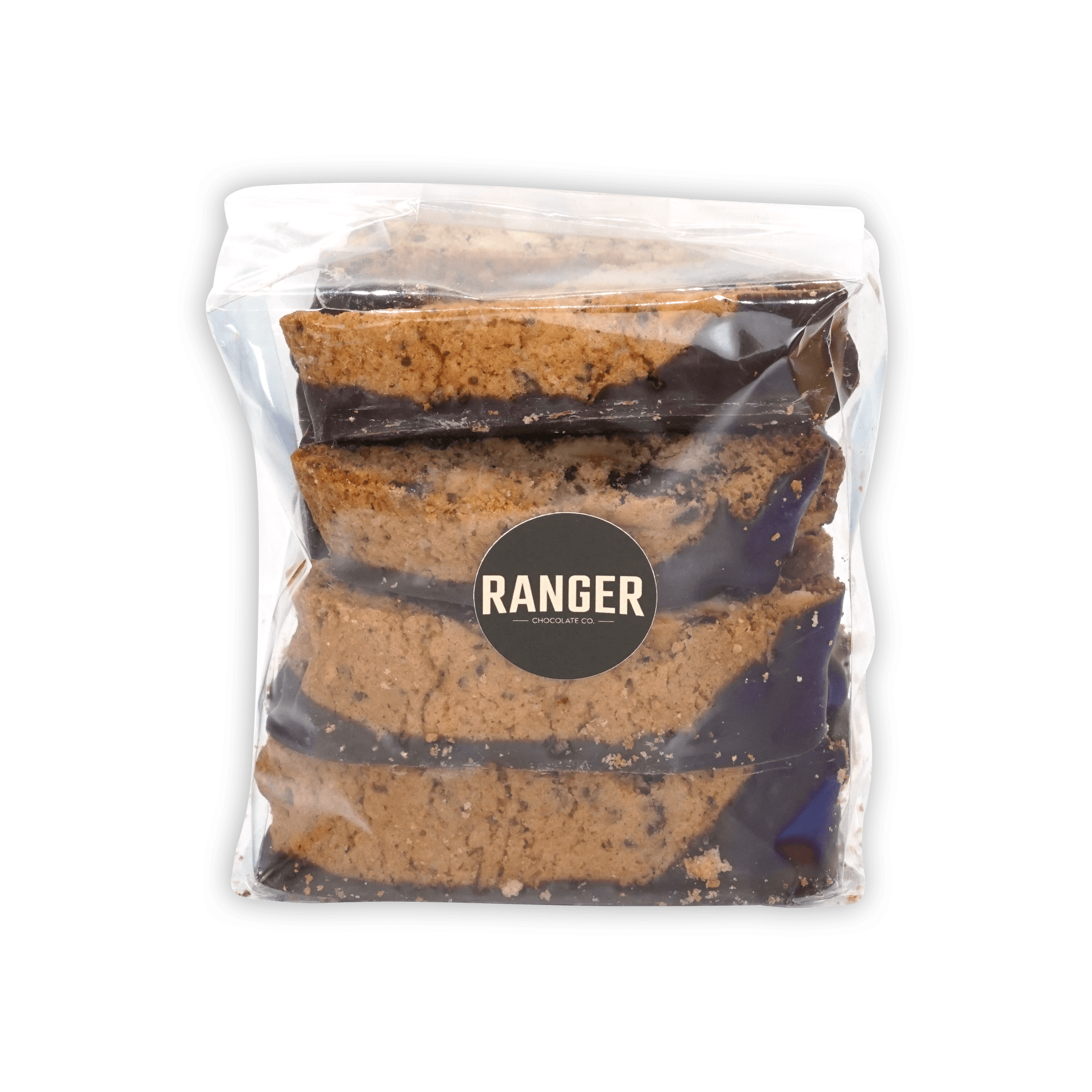 Ranger Chocolate Hazelnut Biscotti: 4 chocolate-covered slices in clear bag