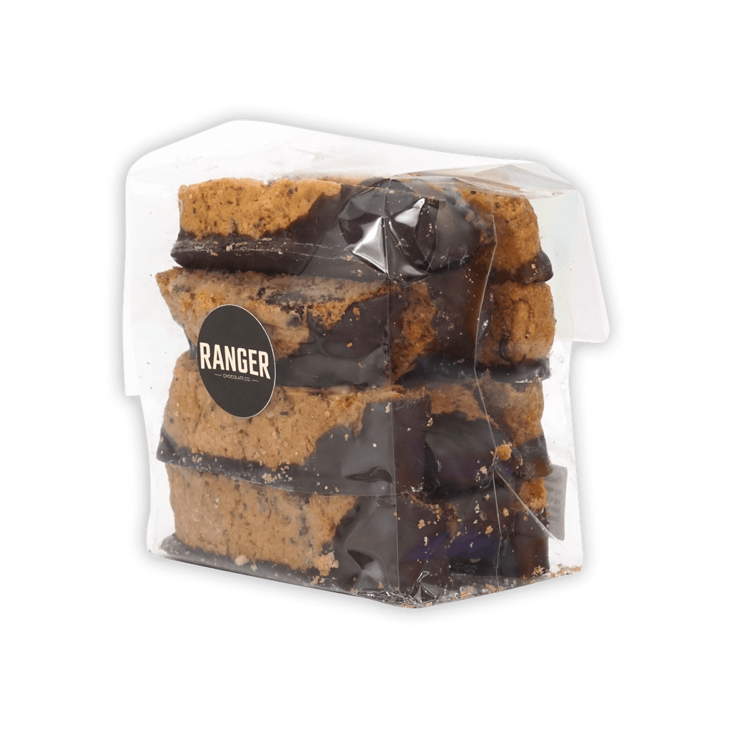 Ranger Chocolate Hazelnut Biscotti: 4 stacked cookies in clear pack