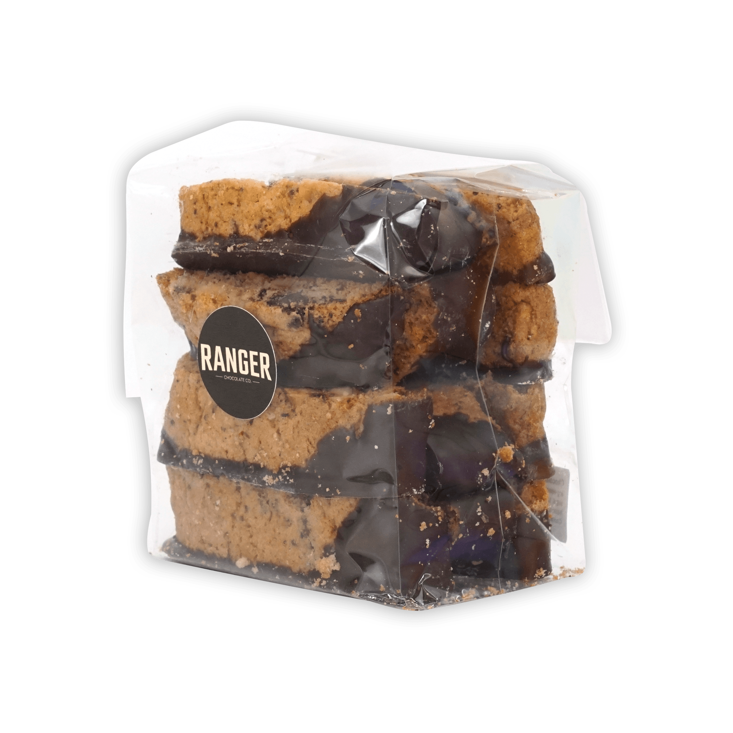 Ranger Chocolate Hazelnut Biscotti: 4 stacked cookies in clear pack