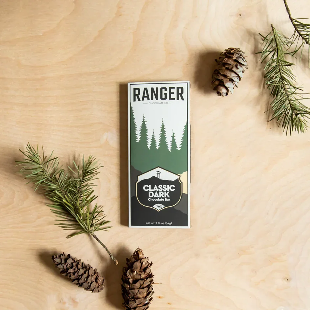 Ranger Classic Dark 70% chocolate bar in forest-themed white green wrapper