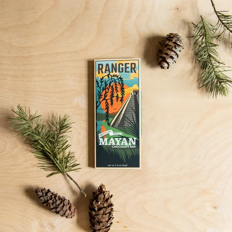 Ranger Dark Mayan Chocolate 75% bar with vibrant bridge sunset packaging