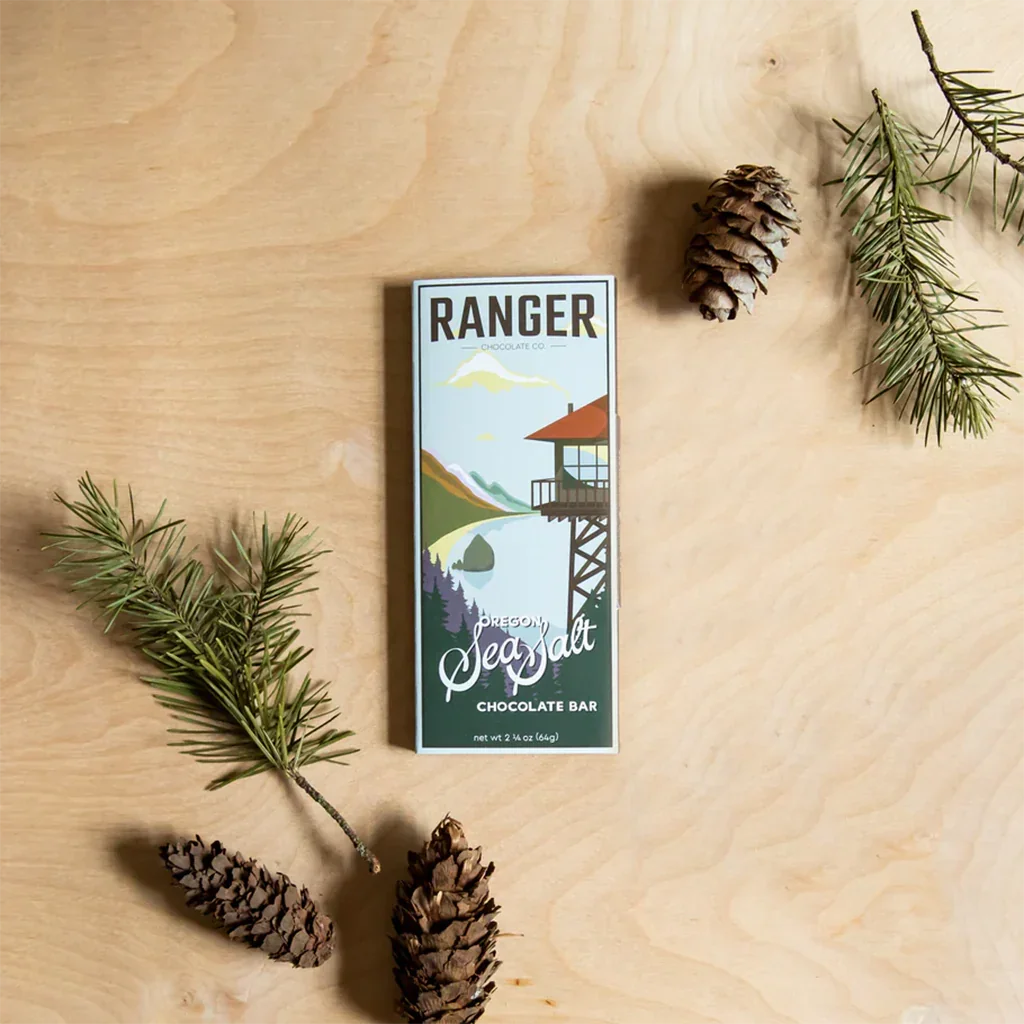 Ranger Dark w/ Oregon Sea Salt 75% chocolate bar on wood