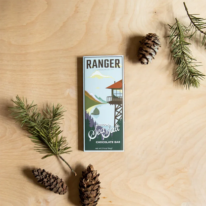 Ranger Dark w/ Oregon Sea Salt 75% chocolate bar on wood
