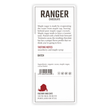 Ranger Dark Maple Chocolate 66% white label with black text and red barn