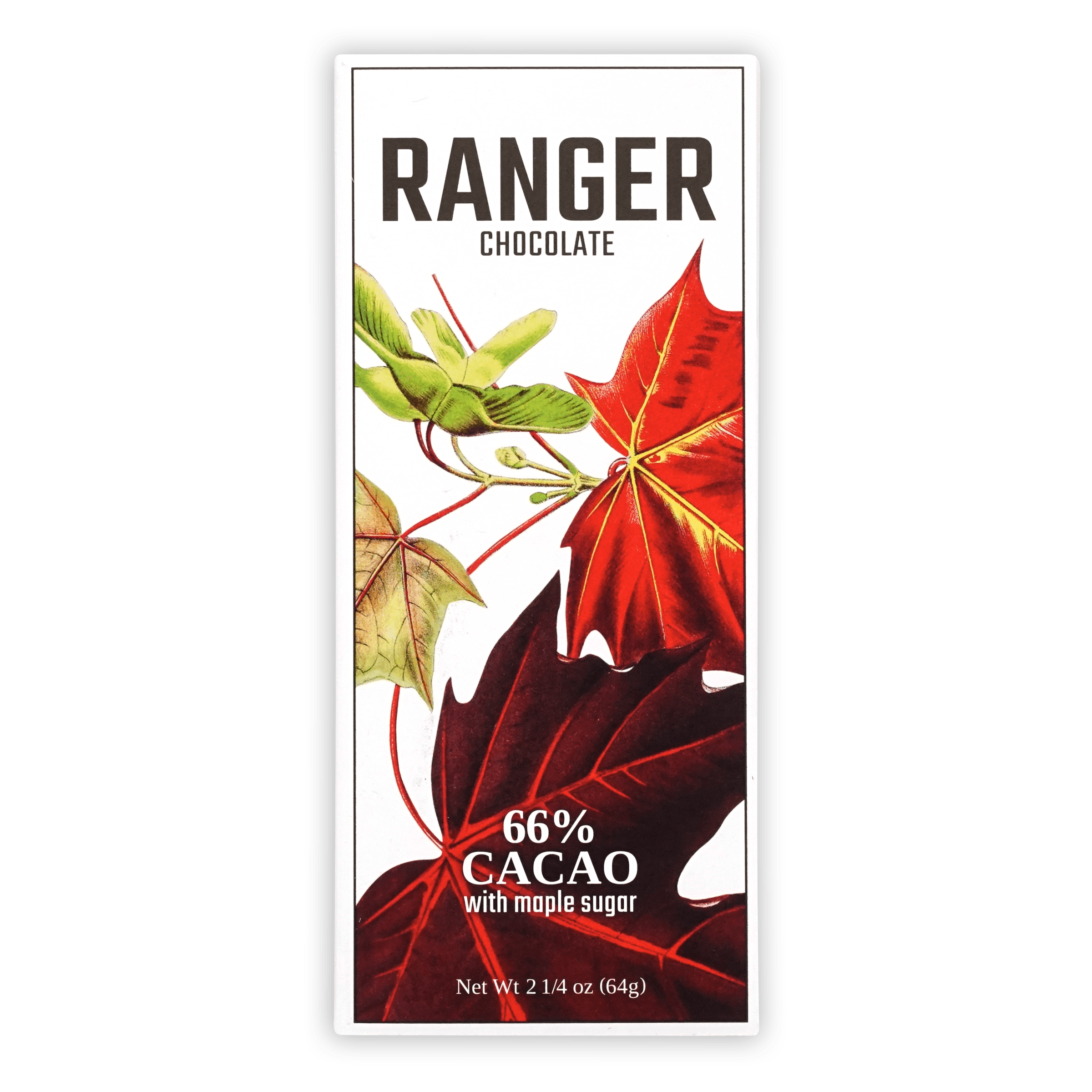 Ranger Dark Maple Chocolate 66% bar with red green maple leaves wrapper