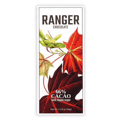 Ranger Dark Maple Chocolate 66% bar with red green maple leaves wrapper