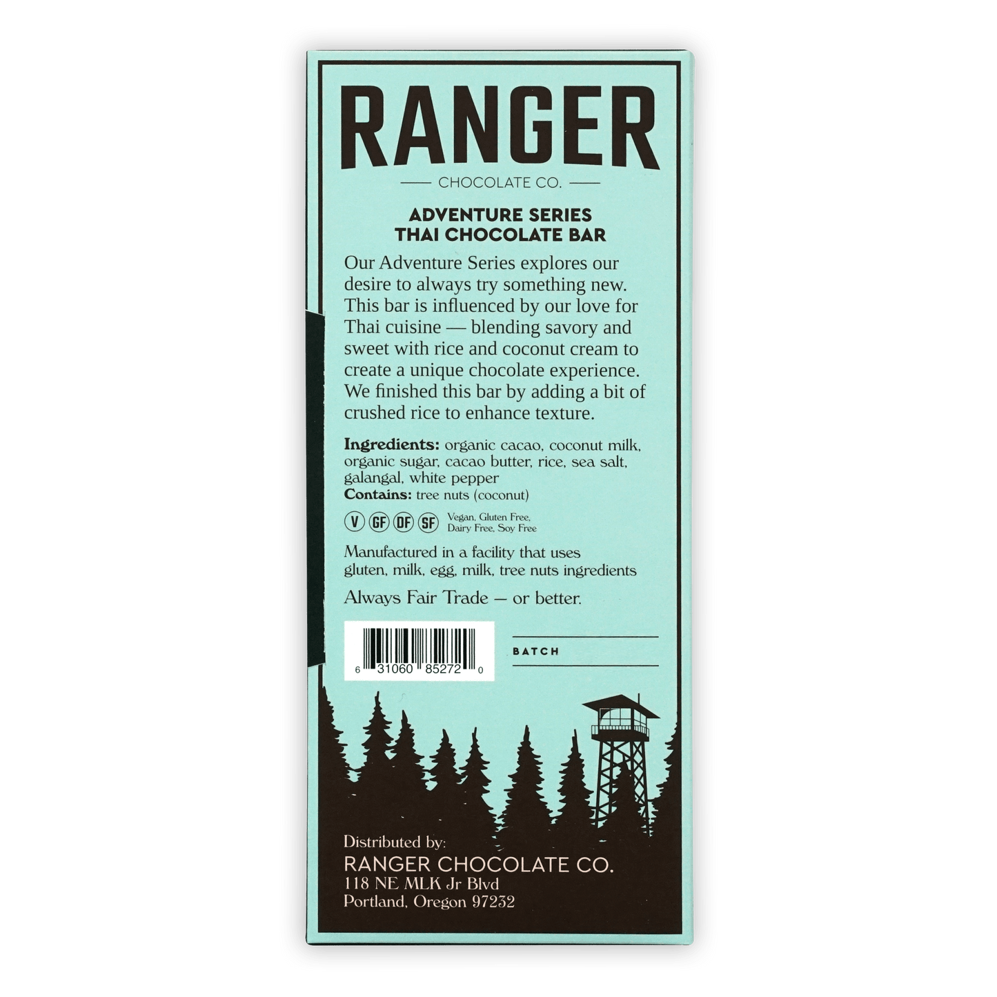 Ranger Dark Thai Chocolate Bar in light blue and dark brown packaging