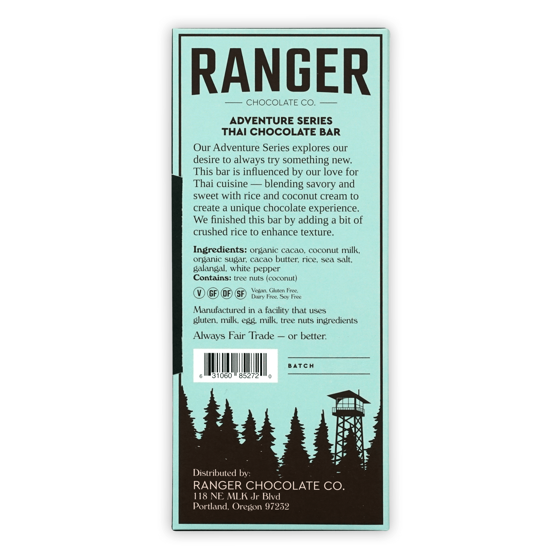 Ranger Dark Thai Chocolate Bar in light blue and dark brown packaging