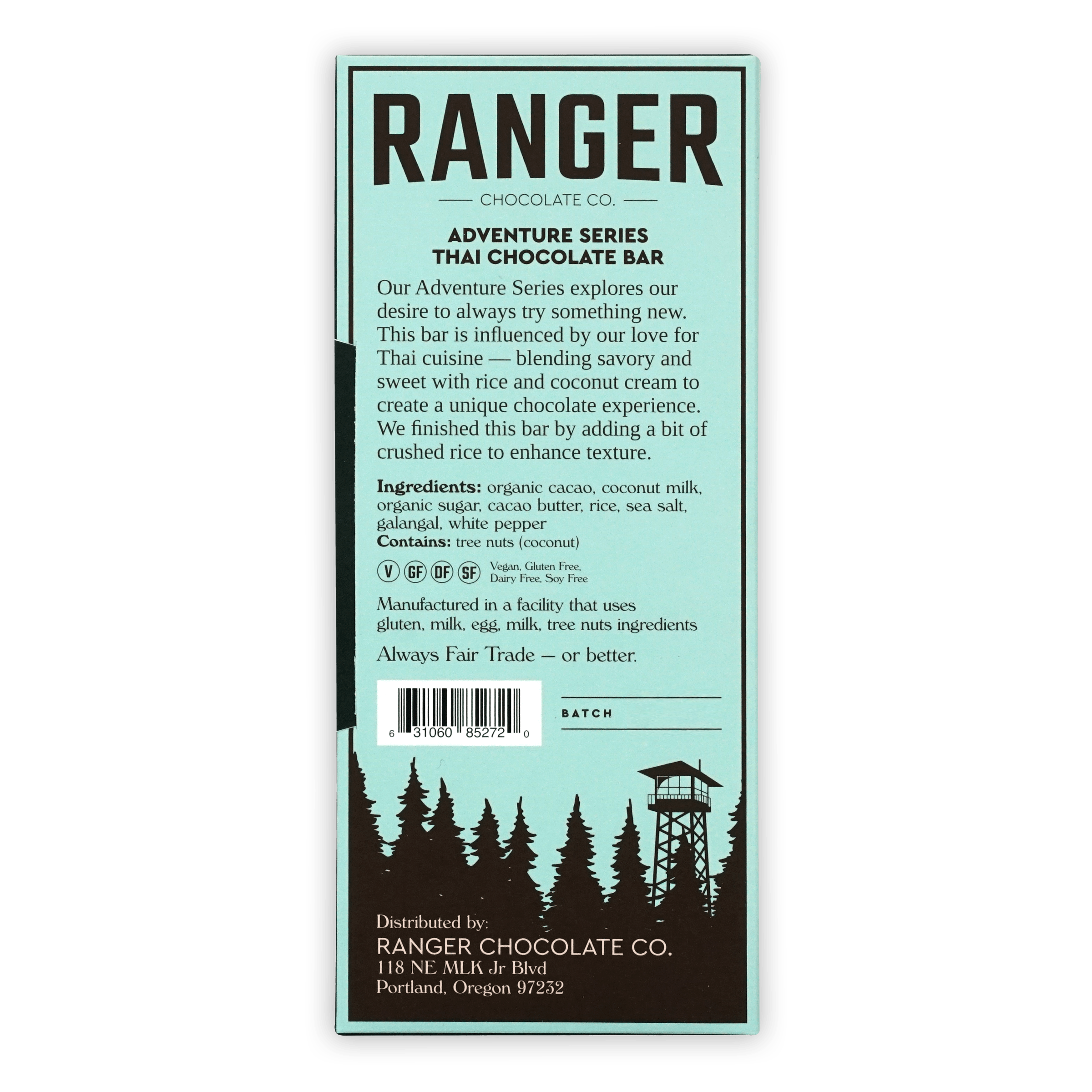 Ranger Dark Thai Chocolate Bar in light blue and dark brown packaging