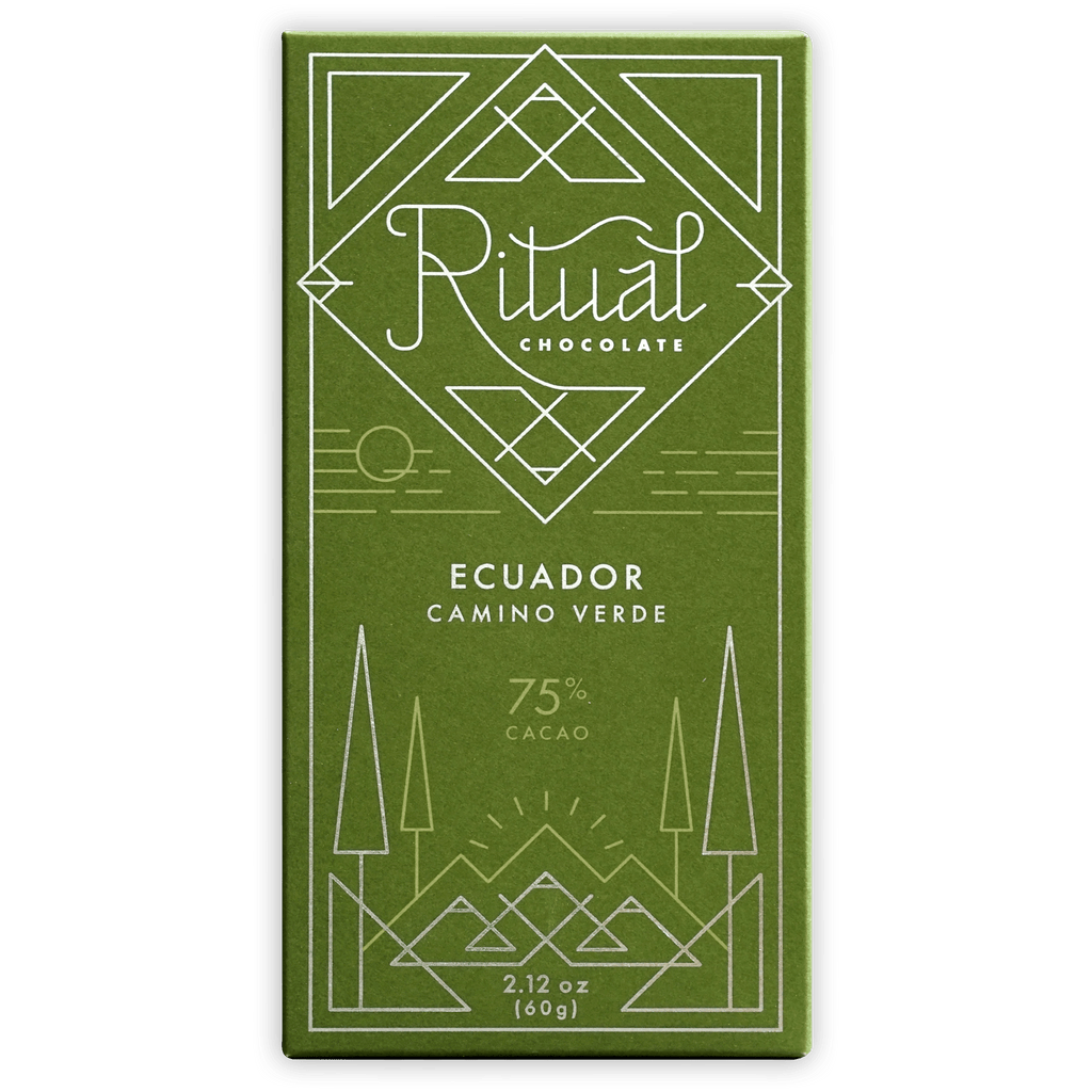 Ritual Ecuador 75% olive green bar with white geometric design and Ecuador Camino Verde text