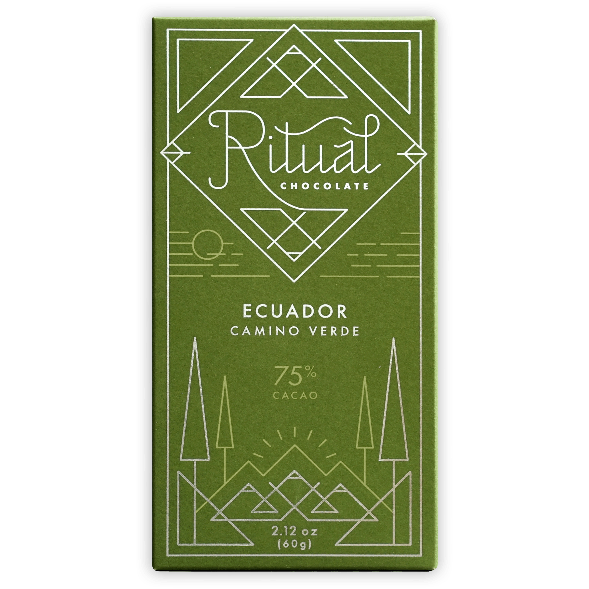 Ritual Ecuador 75% olive green bar with white geometric design and Ecuador Camino Verde text