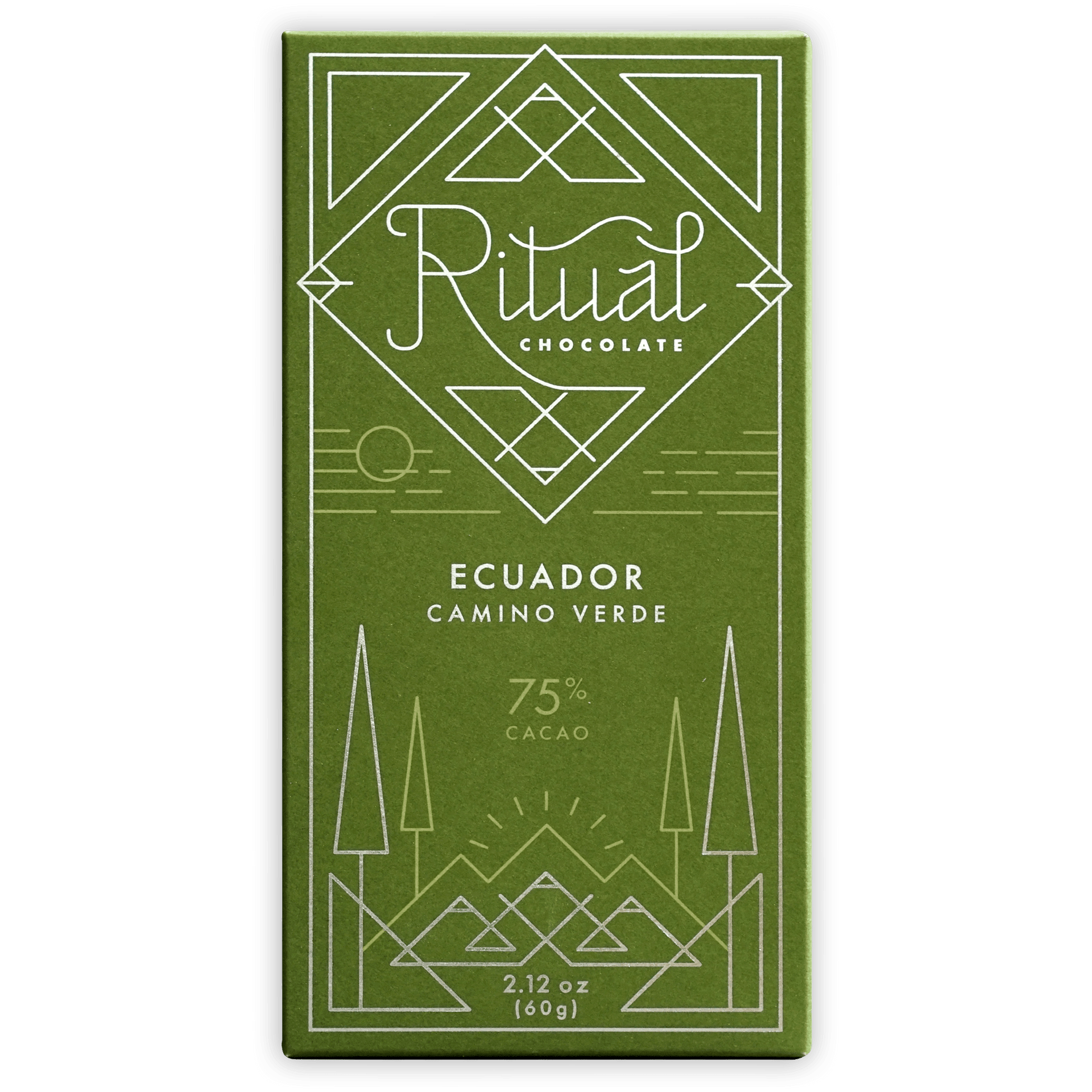 Ritual Ecuador 75% olive green bar with white geometric design and Ecuador Camino Verde text