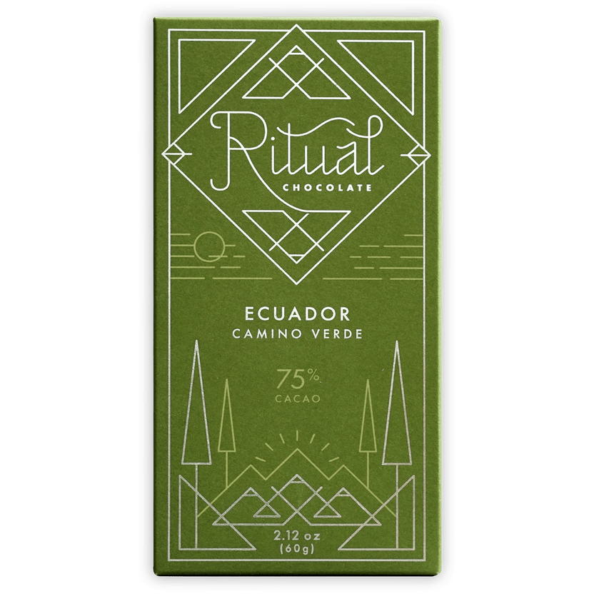 Ritual Ecuador 75% olive green bar with white geometric design and Ecuador Camino Verde text