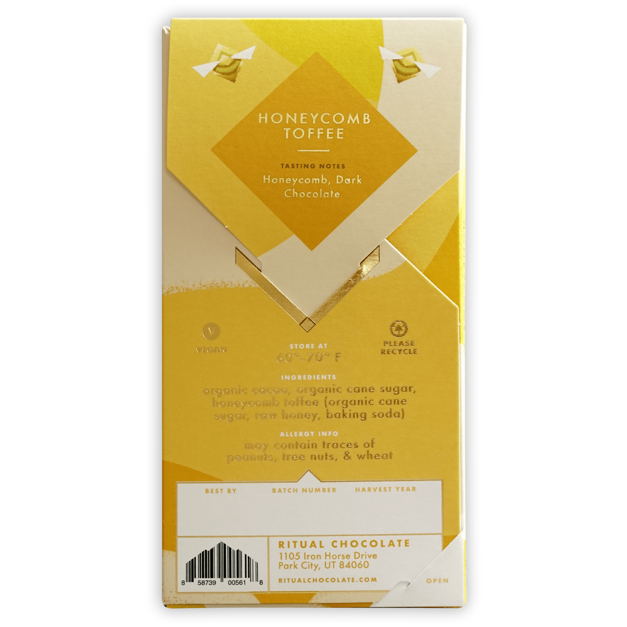Yellow and white honeycomb toffee Ritual Chocolate bar, 75% product