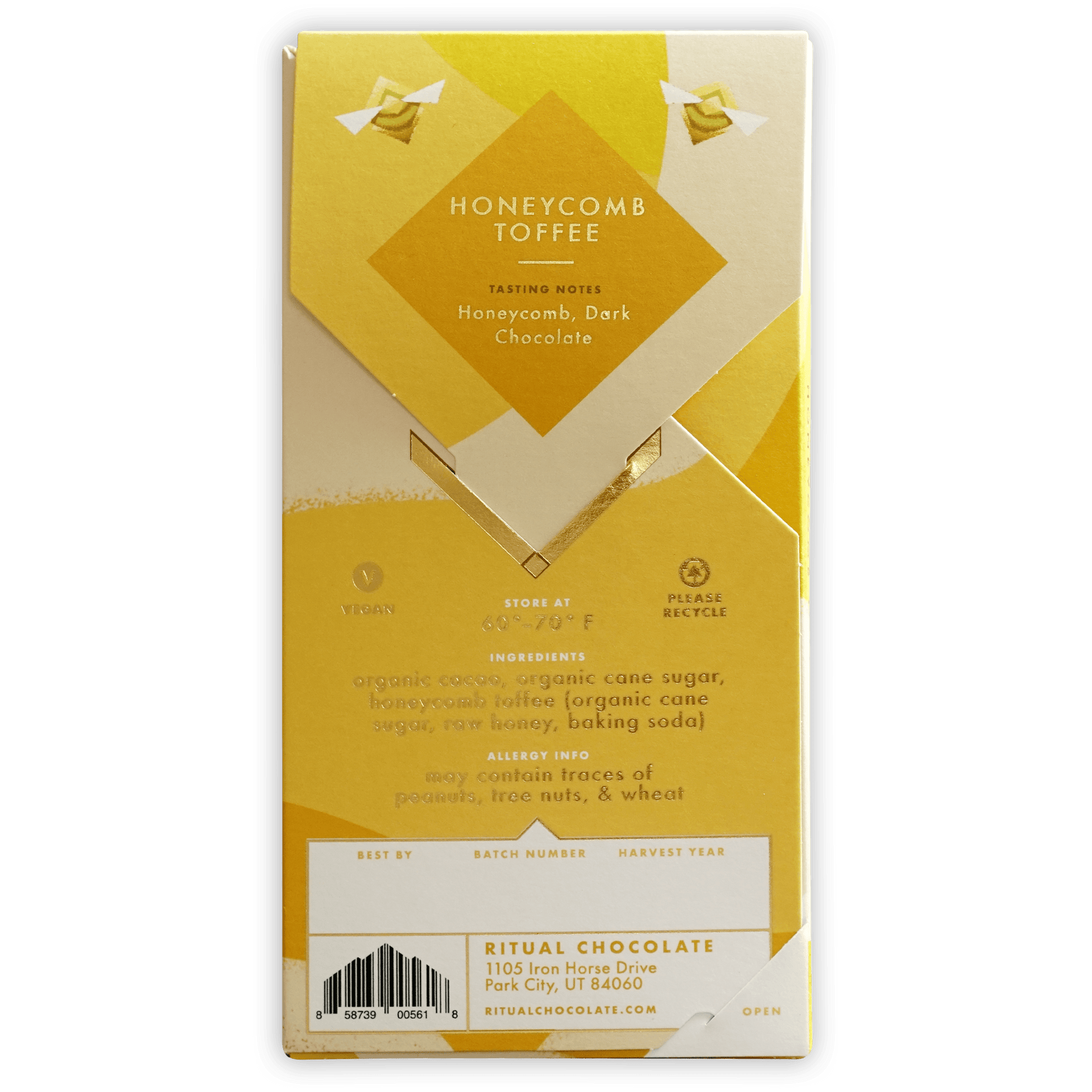 Yellow and white honeycomb toffee Ritual Chocolate bar, 75% product