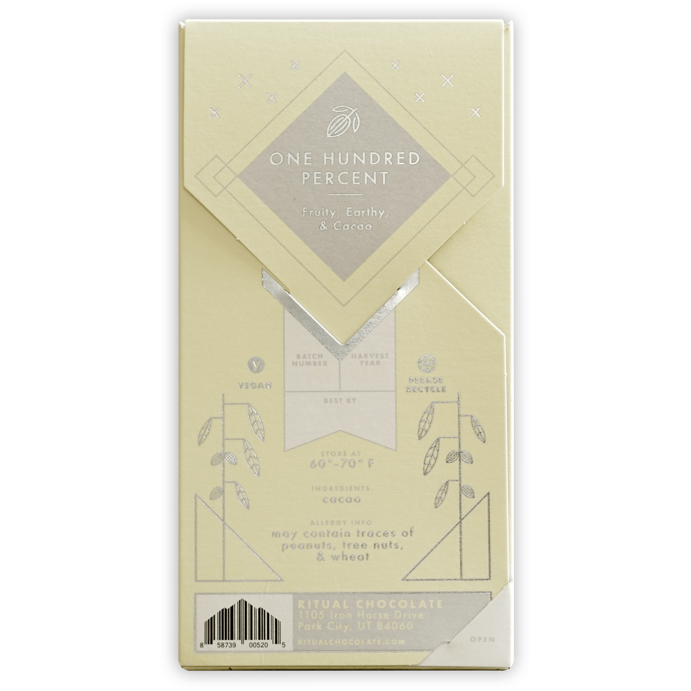 Ritual One Hundred Percent pale yellow chocolate bar wrapper with silver foil and botanical illustrations