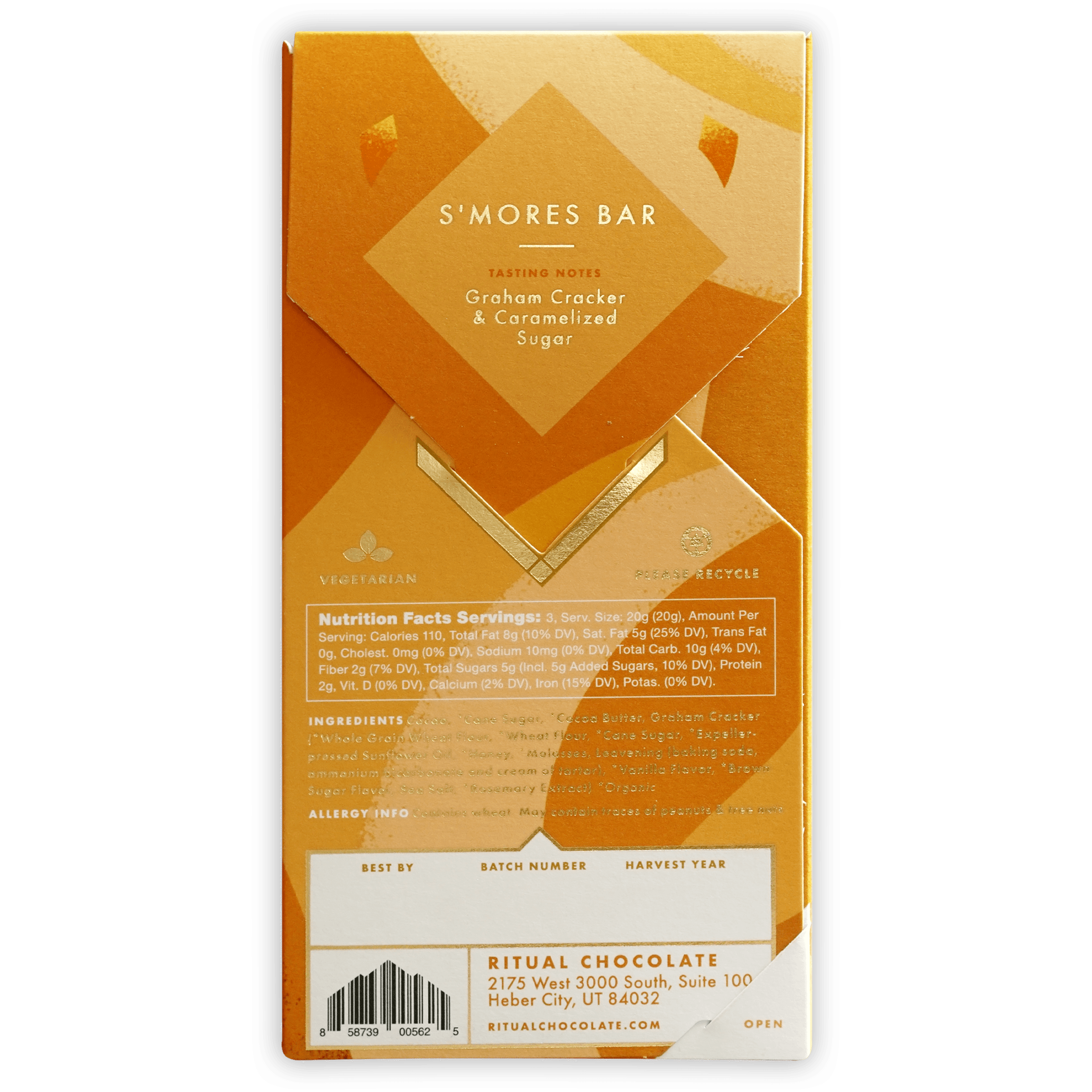 Ritual S’Mores Bar 70%: orange gold foil-wrapped with geometric design