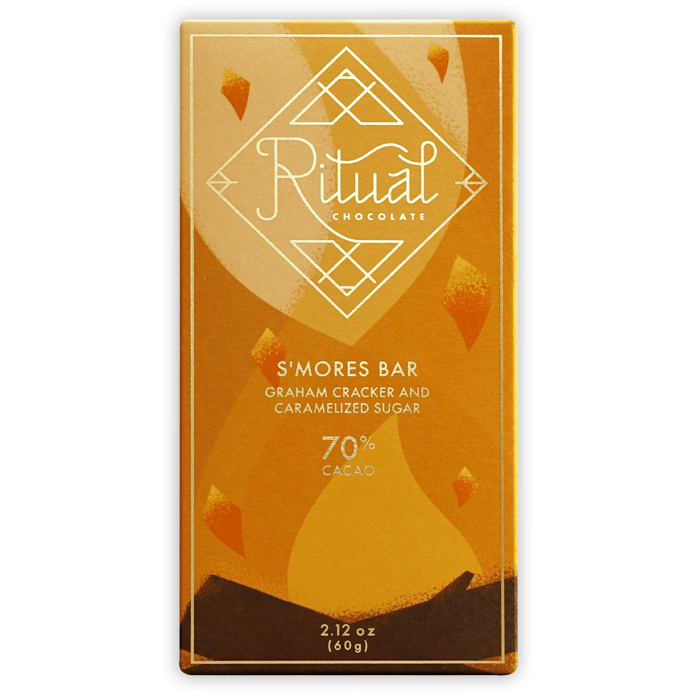 Ritual S’Mores Bar 70%: golden-orange wrapped 70% cacao chocolate bar with geometric design