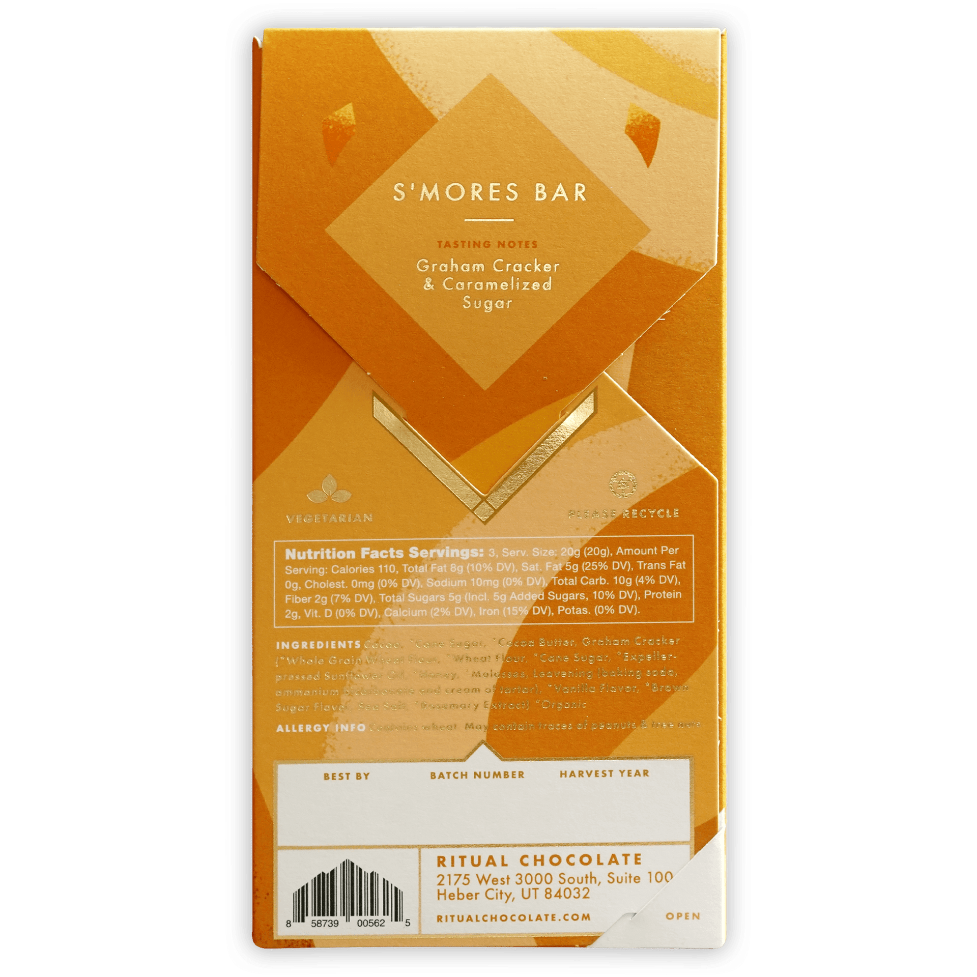 Ritual S’Mores Bar 70%: orange gold foil-wrapped with geometric design
