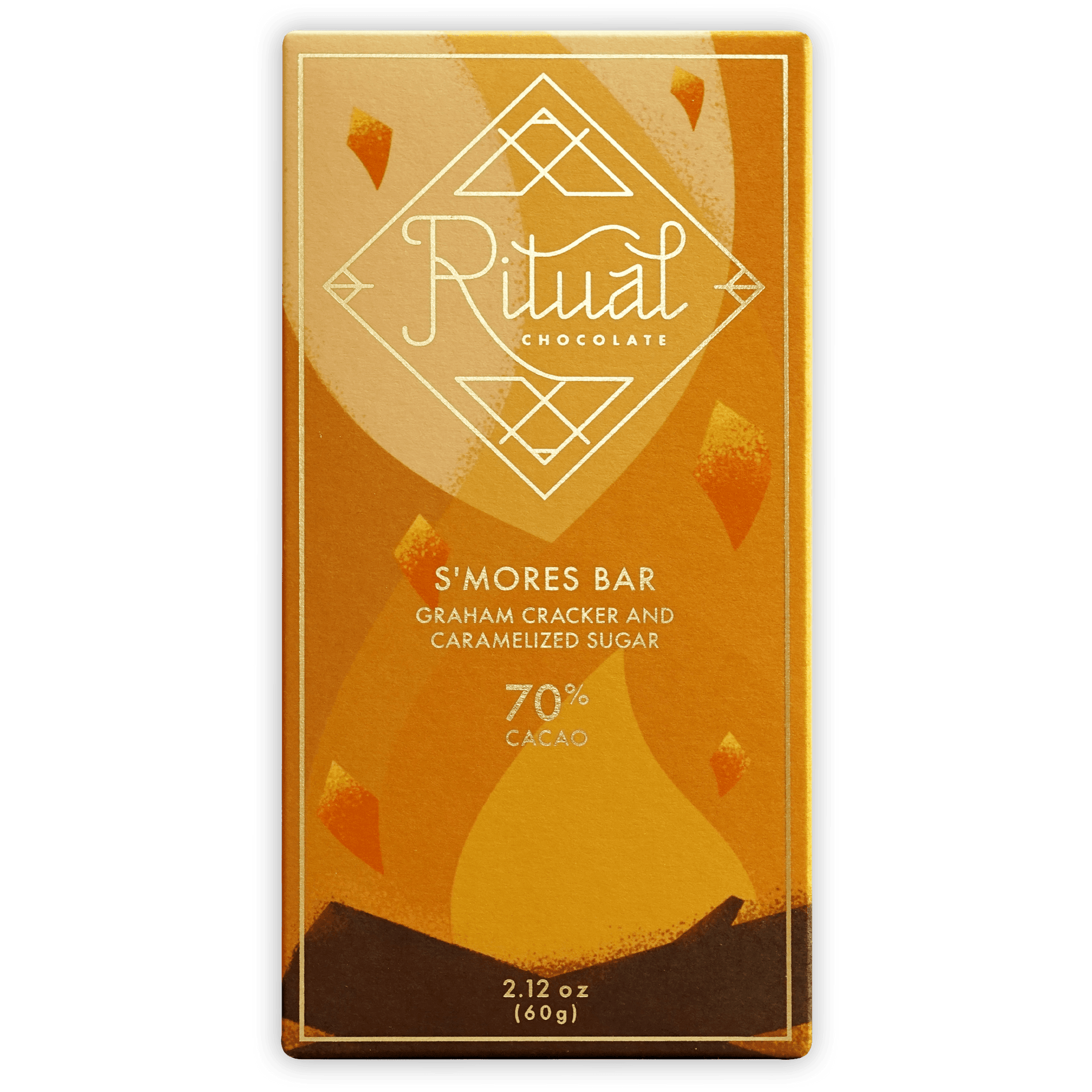 Ritual S’Mores Bar 70%: golden-orange wrapped 70% cacao chocolate bar with geometric design