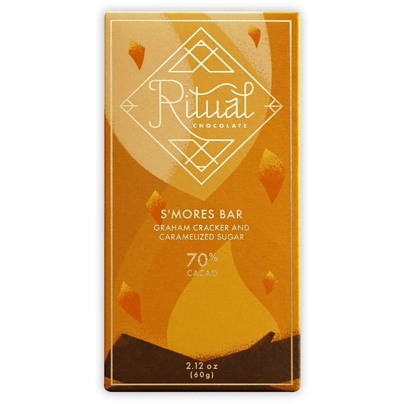 Ritual S’Mores Bar 70%: golden-orange wrapped 70% cacao chocolate bar with geometric design